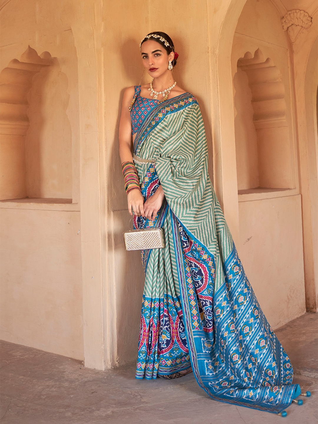 

Mitera Geometric Printed Pure Silk Saree, Green