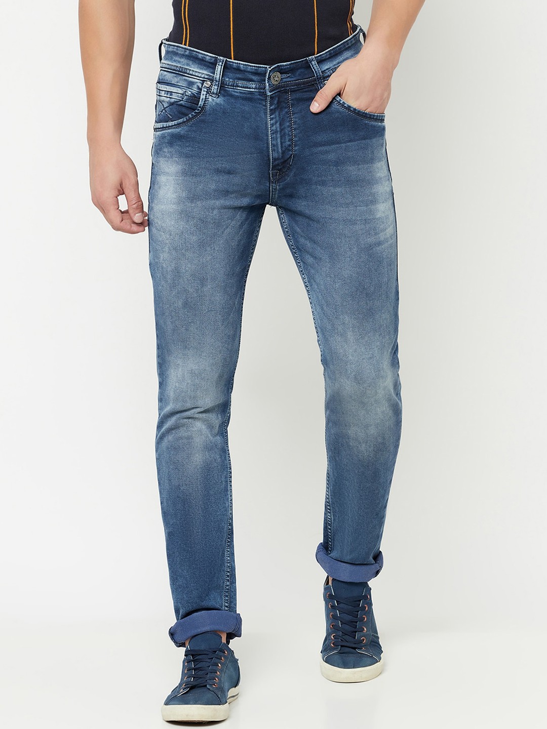 

Cantabil Men Mid Rise Clean Look Light Fade Stretchable Cotton Jeans, Blue