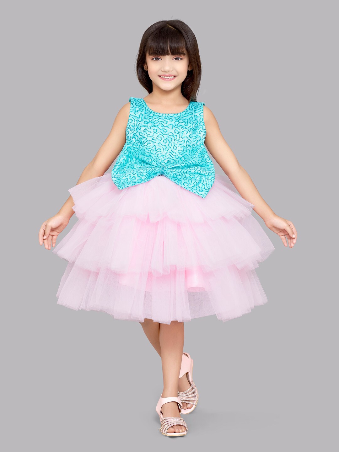 

Pink Chick Bow Detail Layered Net Dress, Sea green