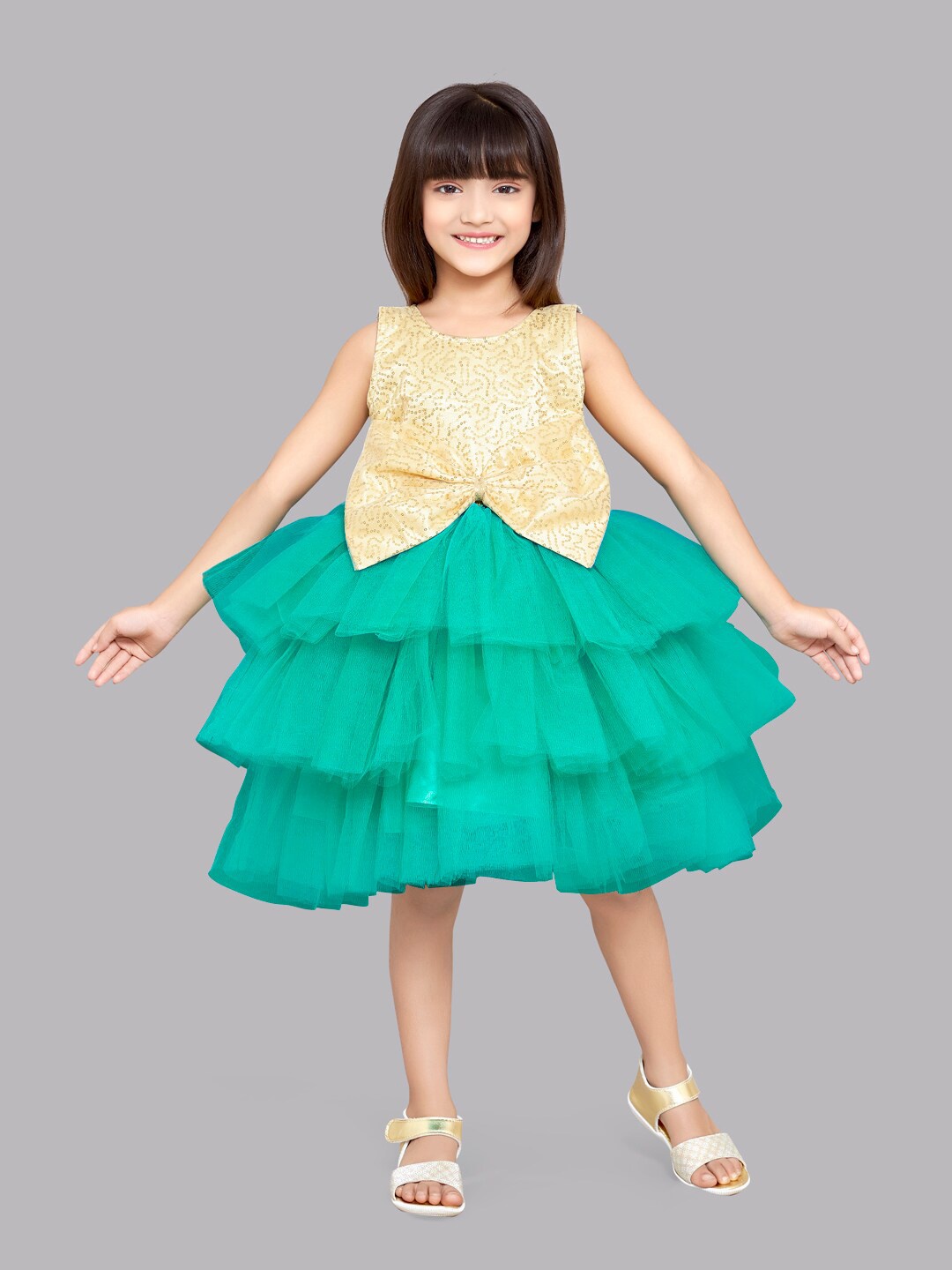 

Pink Chick Girls Embellished Layered Net A-Line Dress, Gold