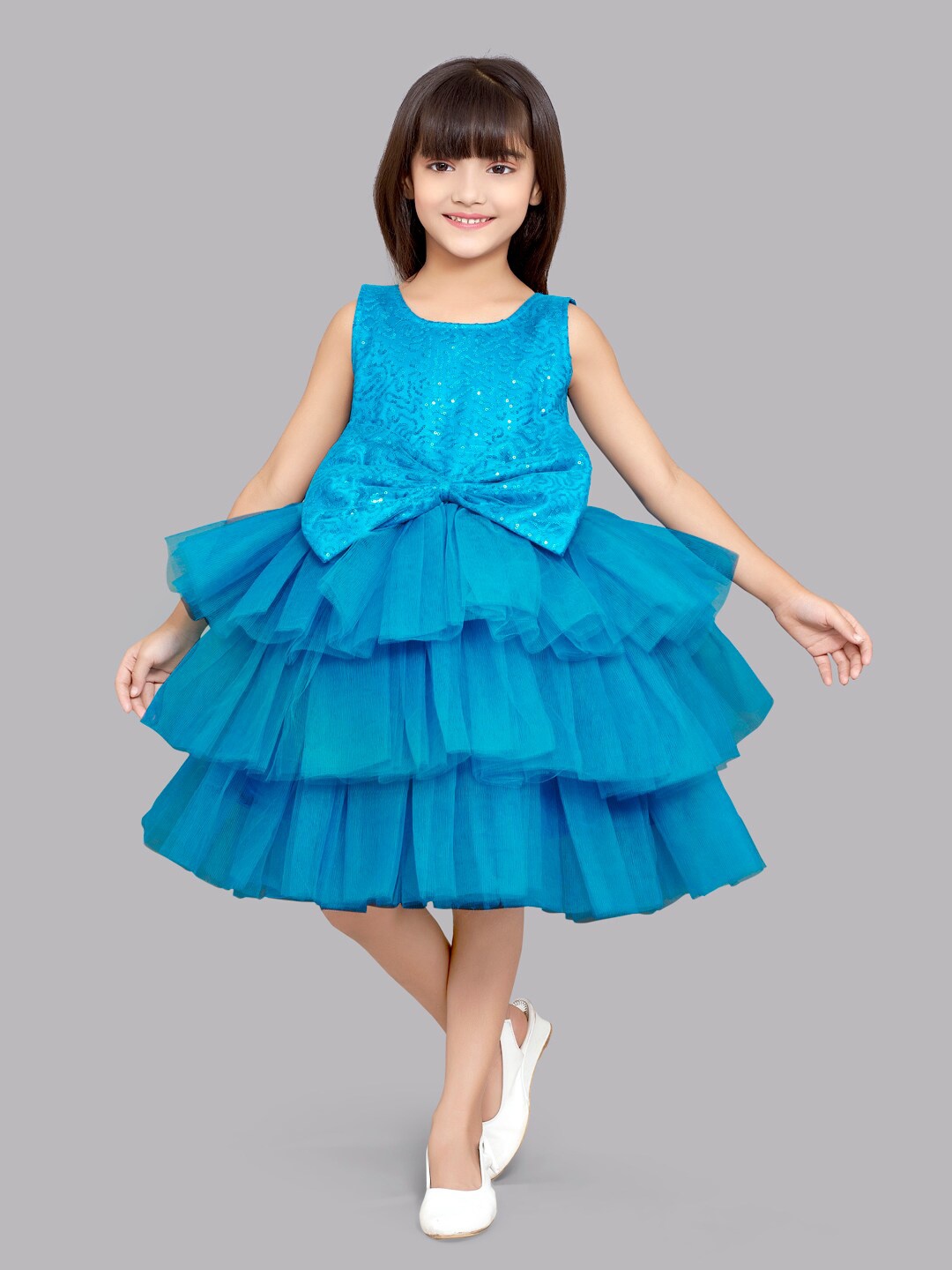 

Pink Chick Girls Round Neck Sequins Layered Net Fit And Flare Dress, Blue