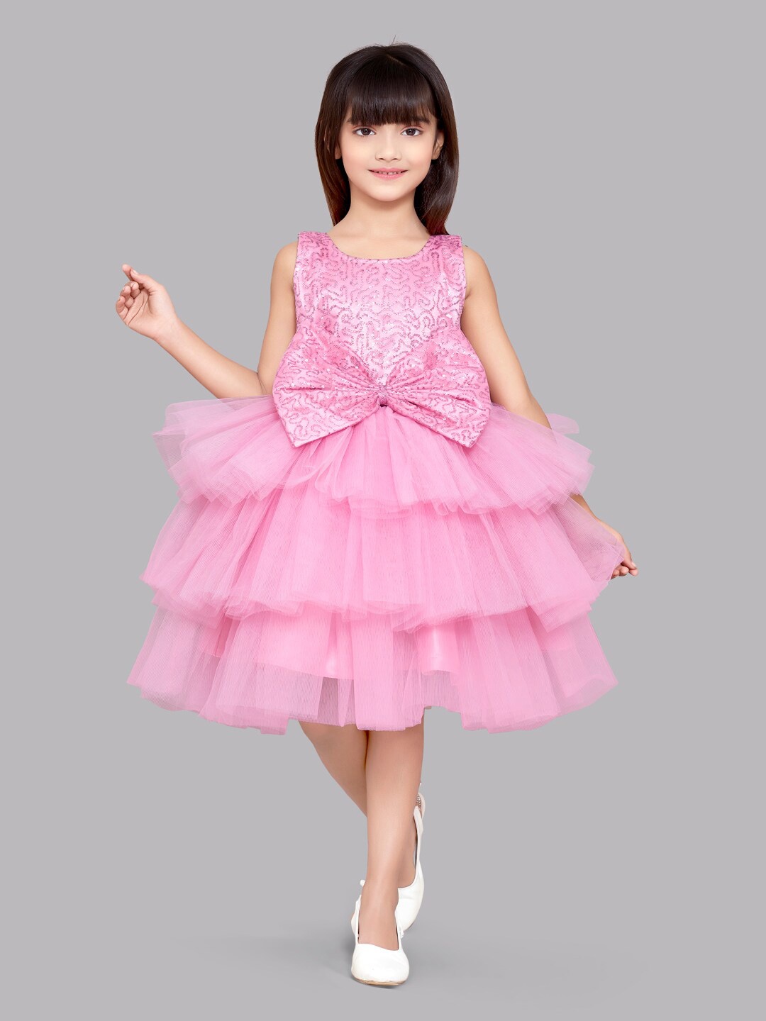 

Pink Chick Girls Embellished Sequins Layered Net Fit And Flare Dress