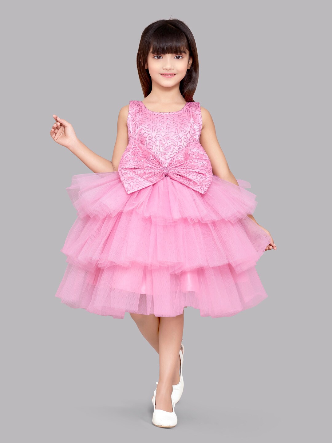 

Pink Chick Girls Round Neck Sequins Layered Net Fit And Flare Dress, Rose