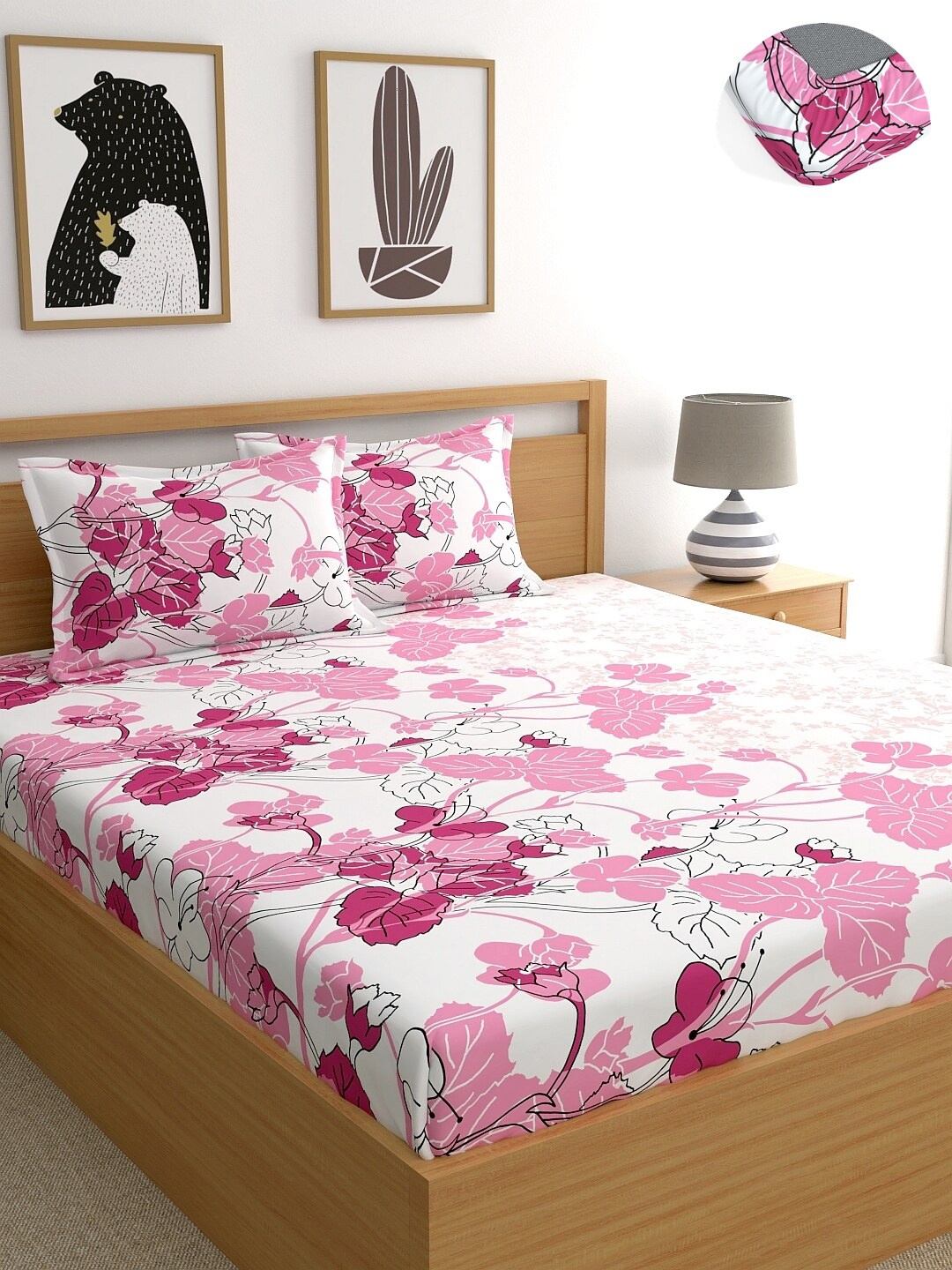 

Home Ecstasy White & Pink Floral 140 TC Fitted Pure Cotton King Bedsheet & 2 Pillow Covers