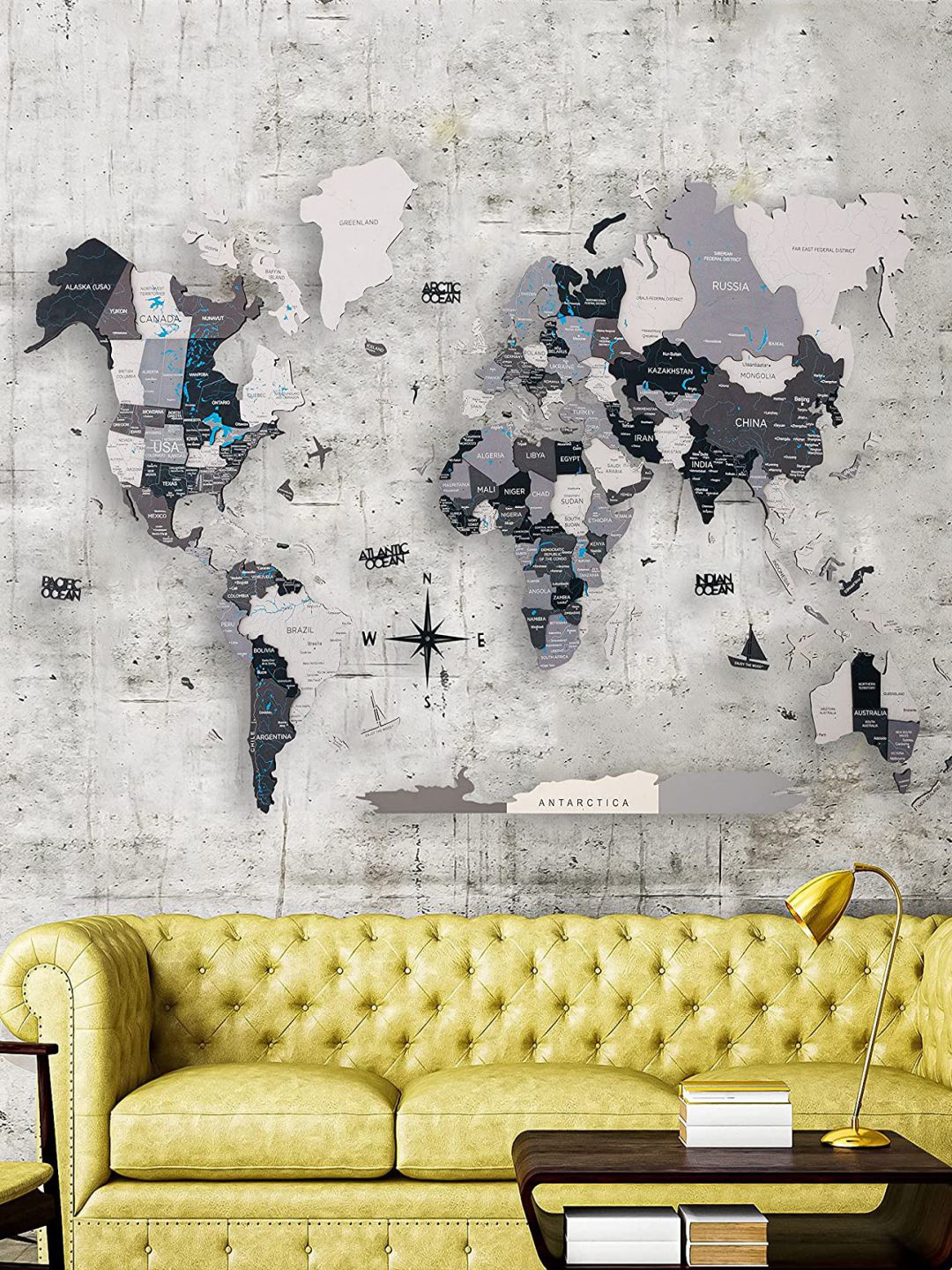 

The Art House Grey & Black Typography Printed 3D Wooden World Map