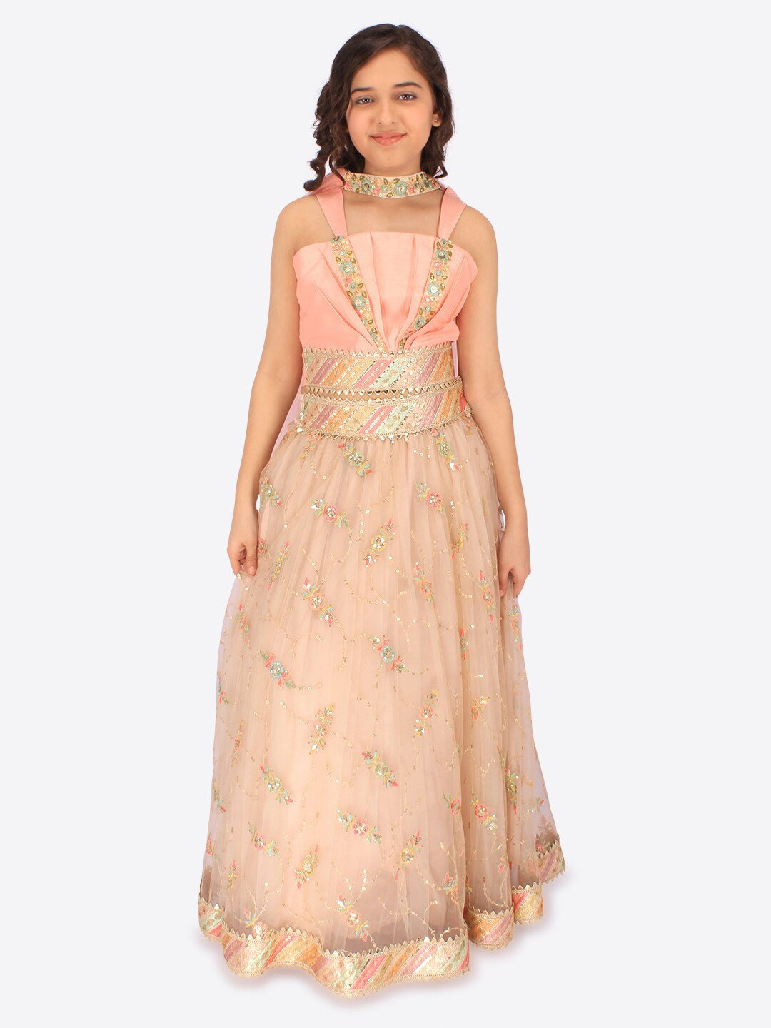 

CUTECUMBER Girls Silk Embroidered Thread Work Ready to Wear Lehenga & Blouse With Dupatta, Peach