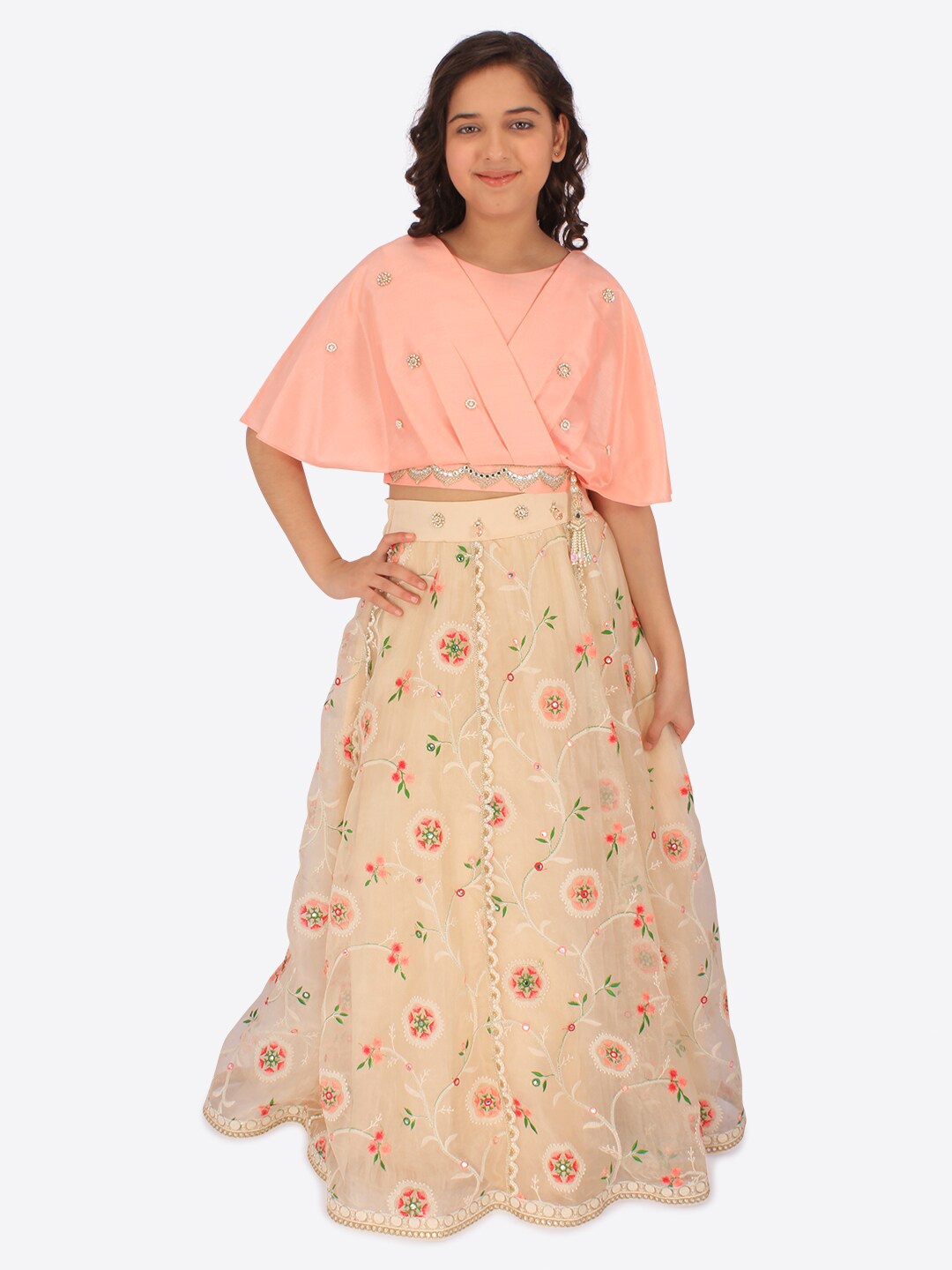 

CUTECUMBER Girls Embroidered Thread Work Ready to Wear Lehenga, Peach