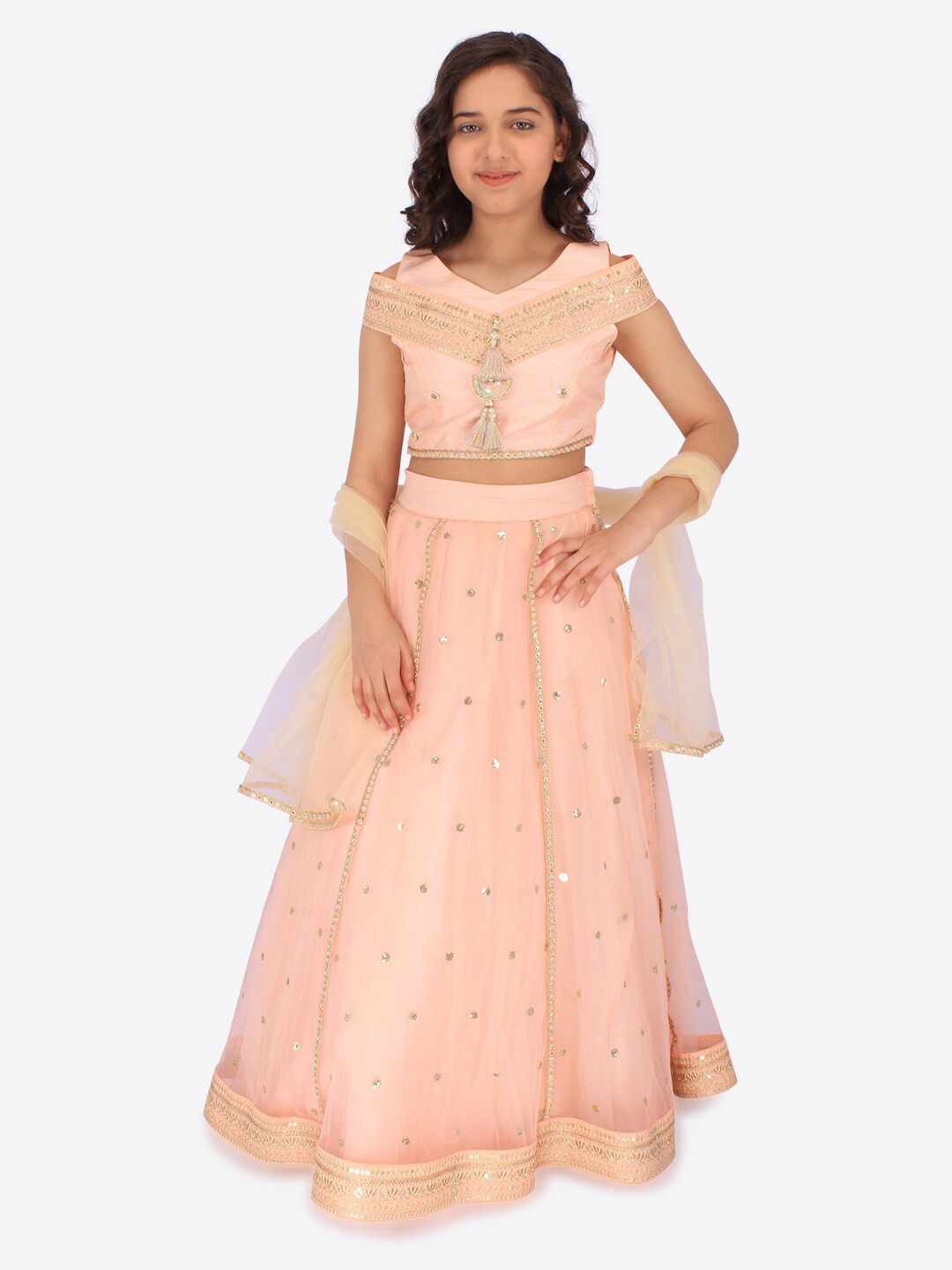 

CUTECUMBER Girls Embroidered Thread Work Ready to Wear Lehenga & Blouse With Dupatta, Peach