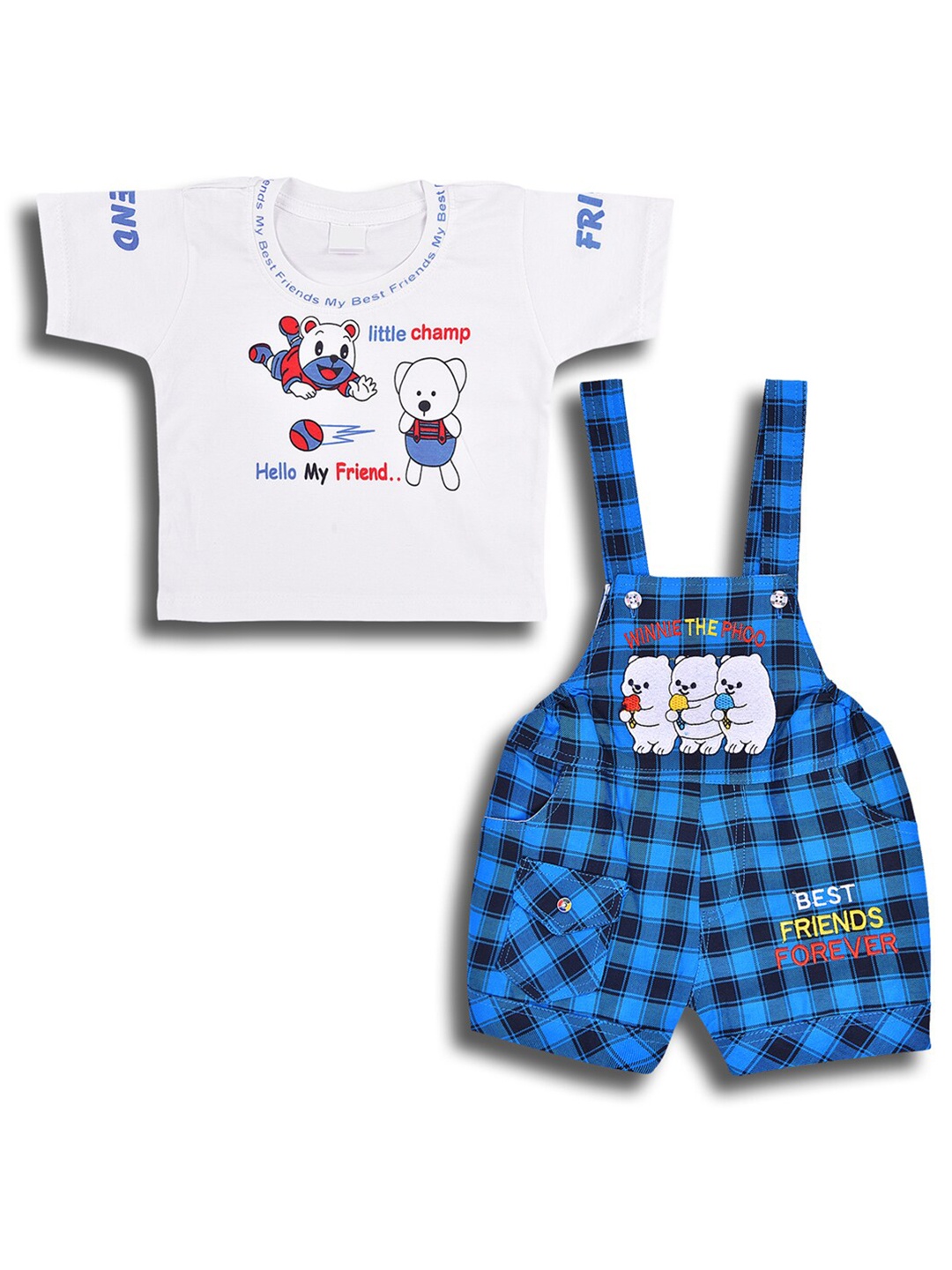 

Wish Karo Boys Checked Cotton Dungaree With T-shirt, Blue