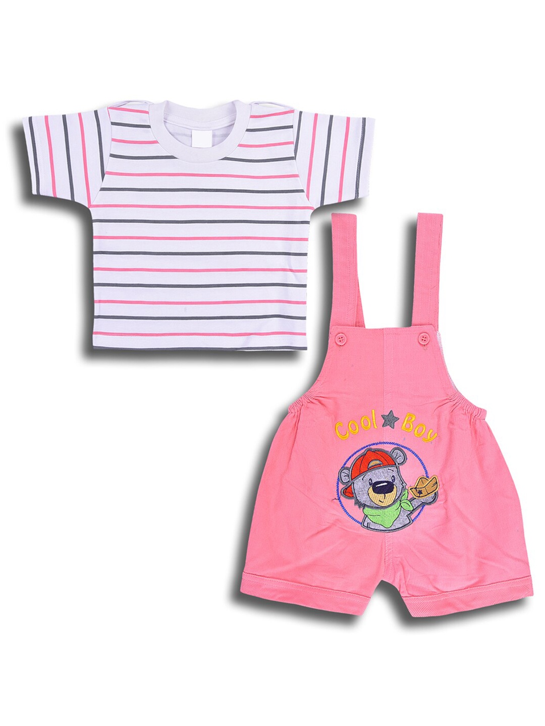 

Wish Karo Boys Self Design Cotton Dungaree With T-shirt, Pink