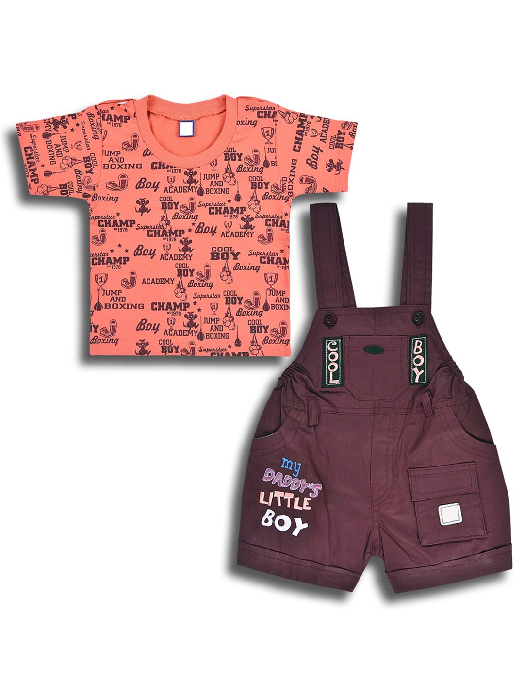 

Wish Karo Boys Self Design Cotton Dungaree With T-shirt, Burgundy