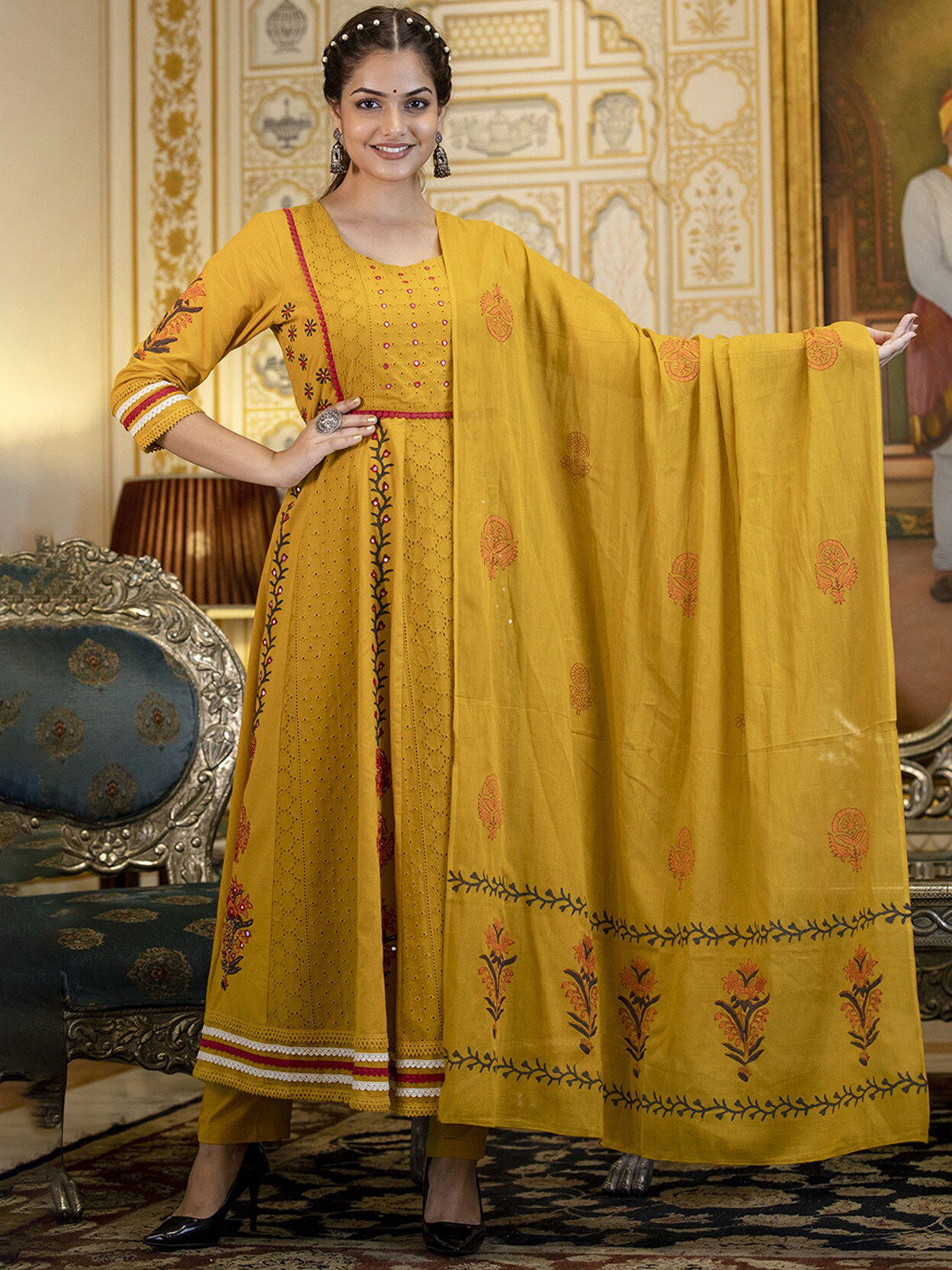 

PREKSHA Embroidered Mirror Work Anarkali Kurta With Trousers & Dupatta, Mustard