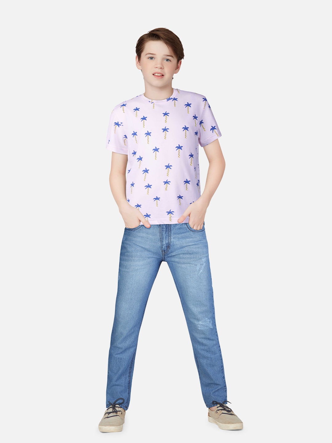 

Palm Tree Boys Round Neck Conversational Printed Cotton T-shirt, White