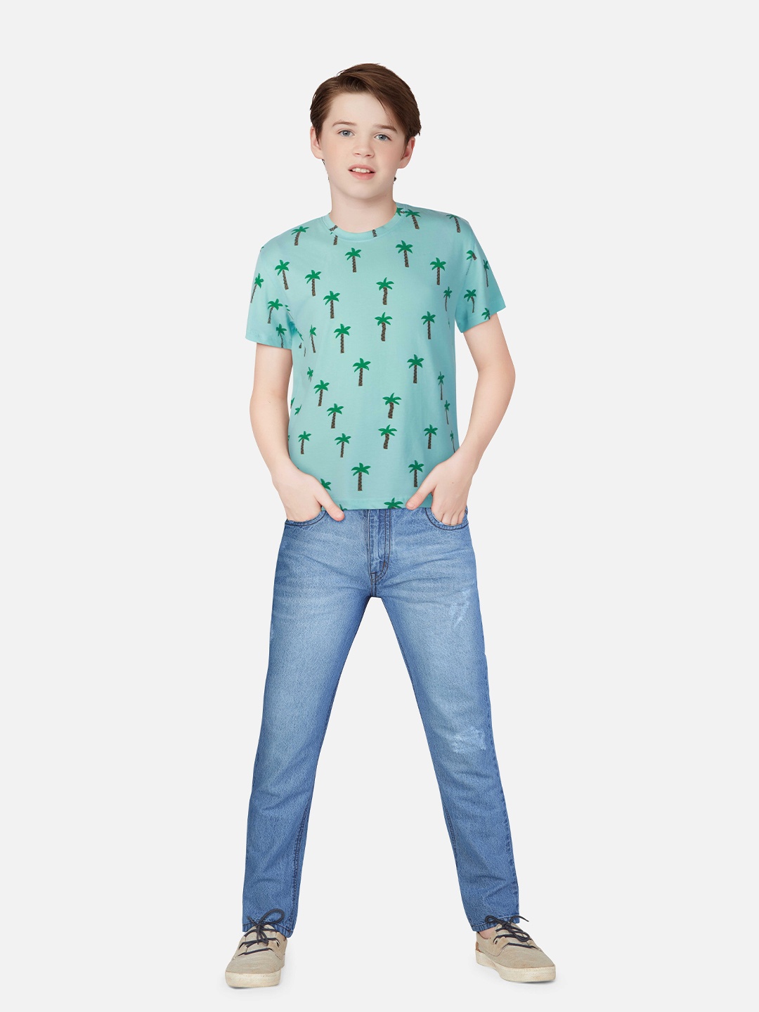 

Palm Tree Boys Floral Printed Cotton T-shirt, Sea green