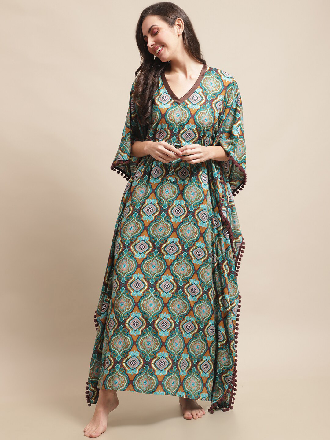 

Boston Club Ethnic Motifs Printed Maxi Kaftan Nightdress, Green