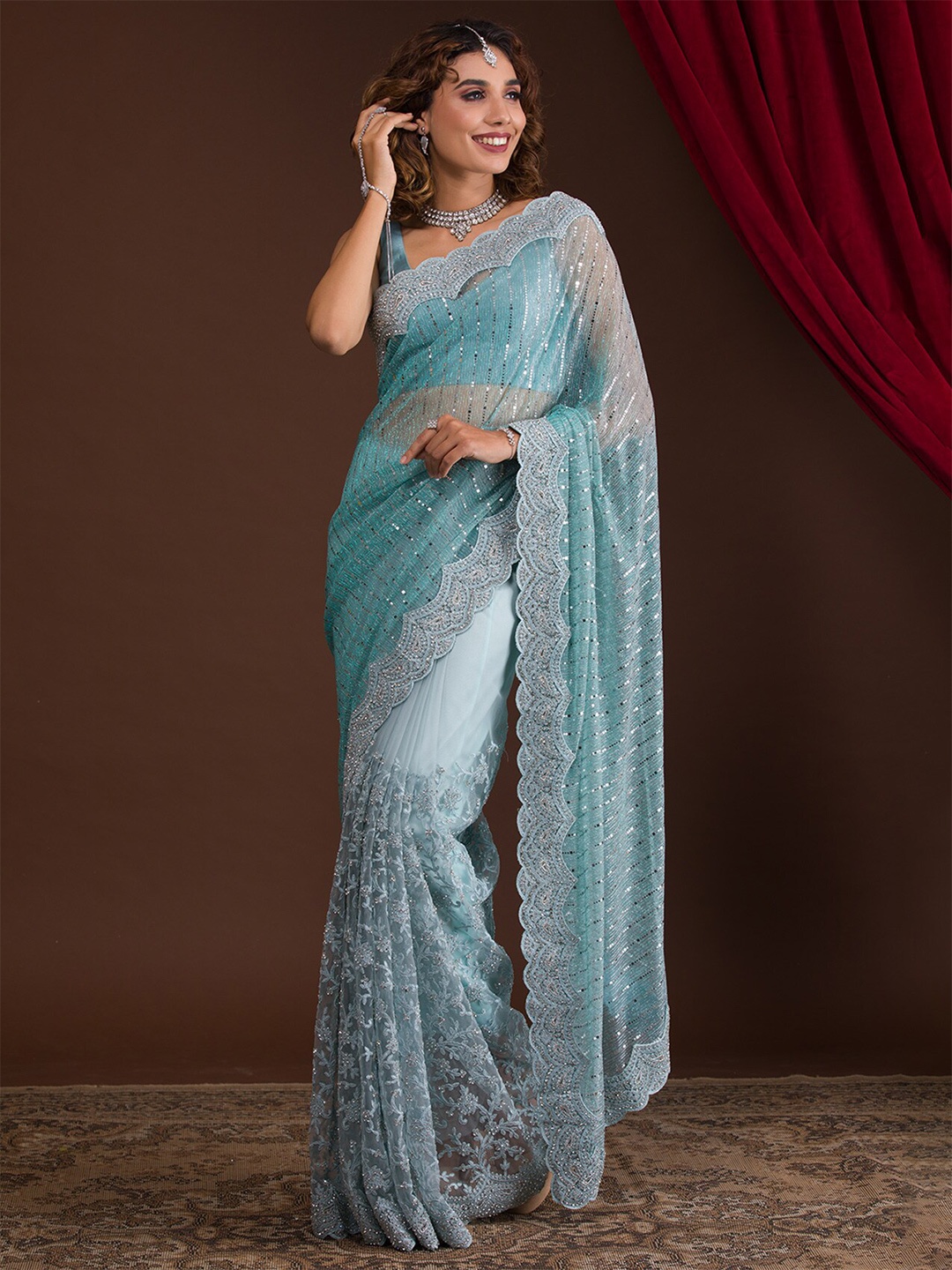 

Koskii Grey Embellished Supernet Saree