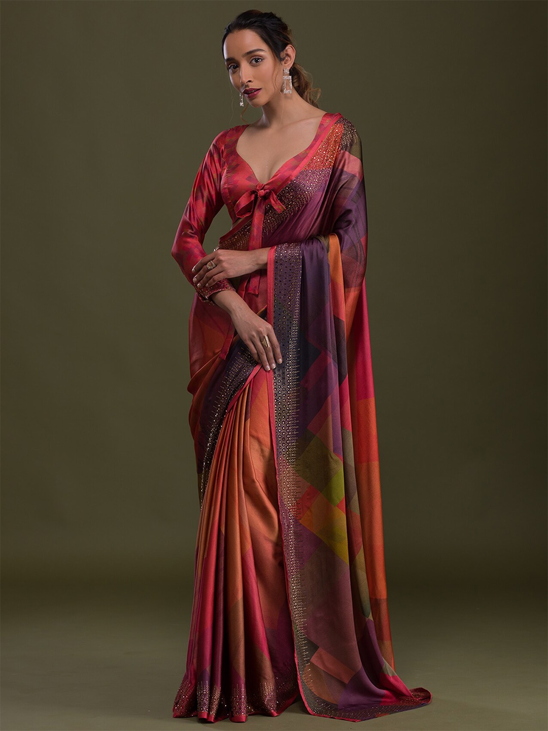 

Koskii Geometric Printed Beads And Stones Saree, Orange