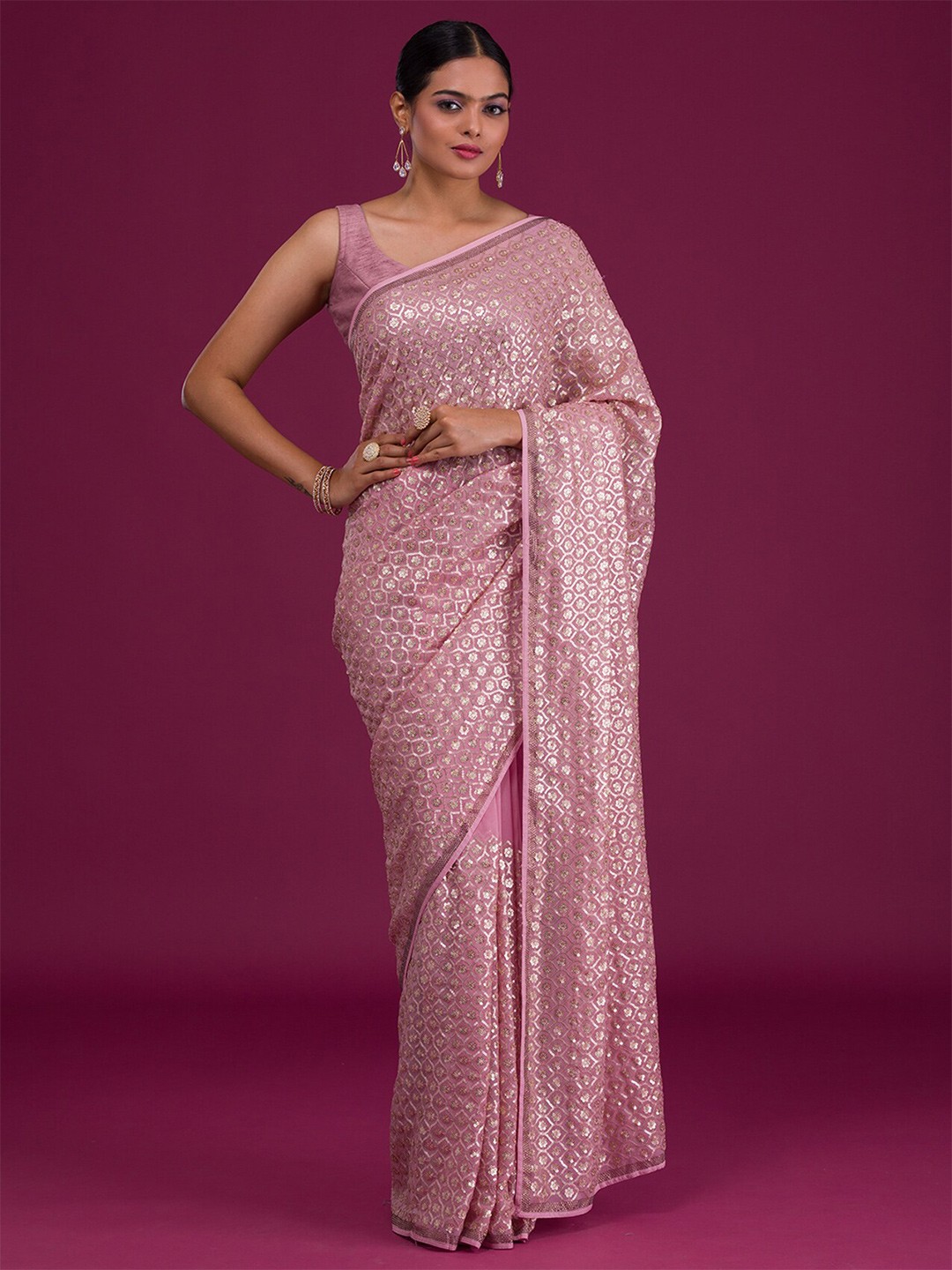 

Koskii Embellished Sequinned Saree, Pink