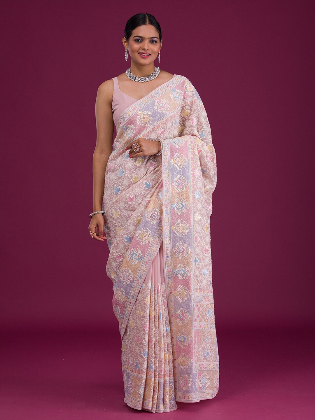 

Koskii Floral Embroidered Saree, Pink