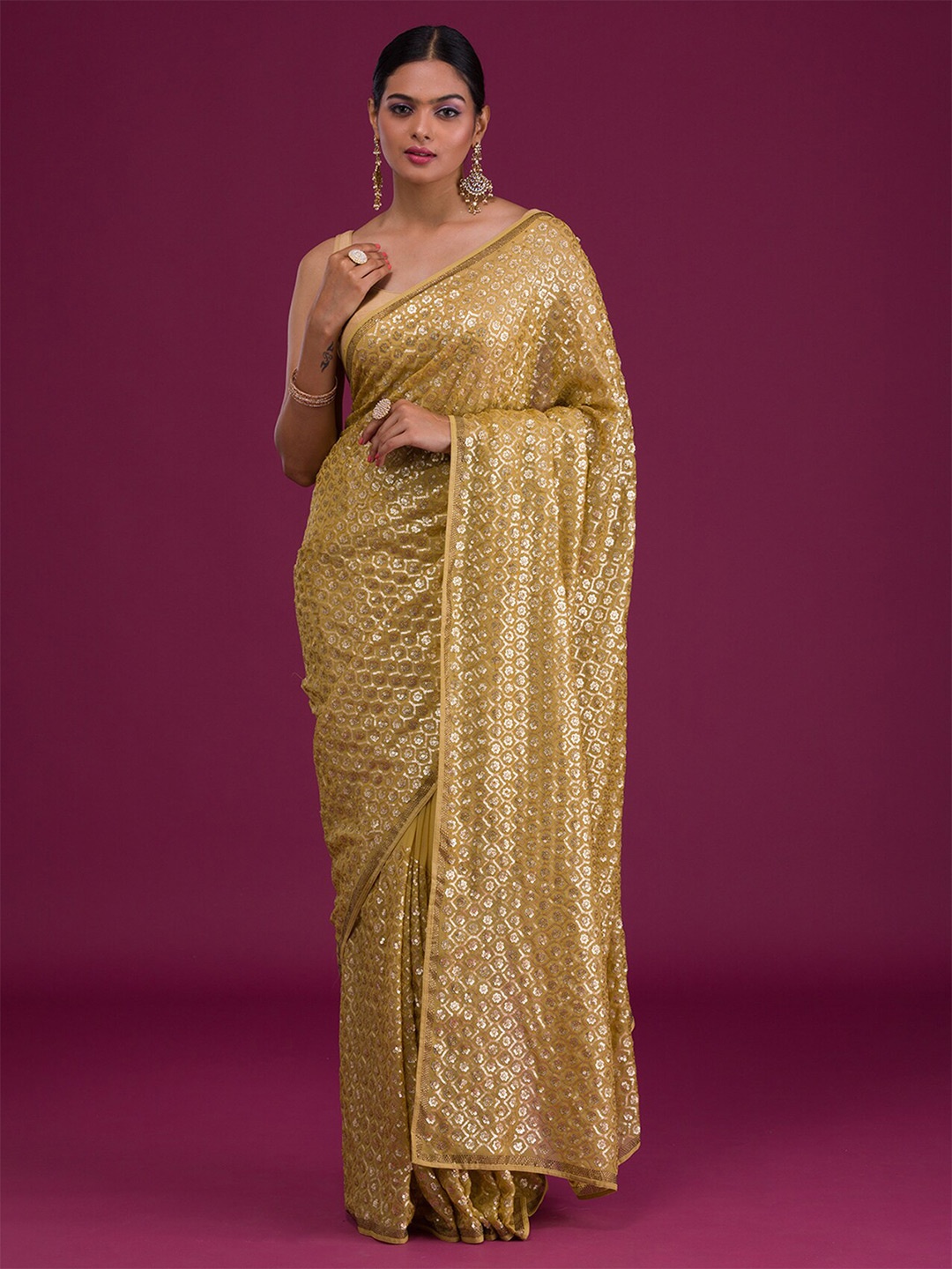 

Koskii Sequinned Georgette Saree, Mustard