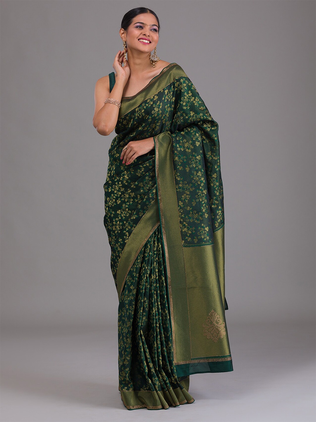 

Koskii Floral Woven Design Zari Brocade Banarasi Saree, Green