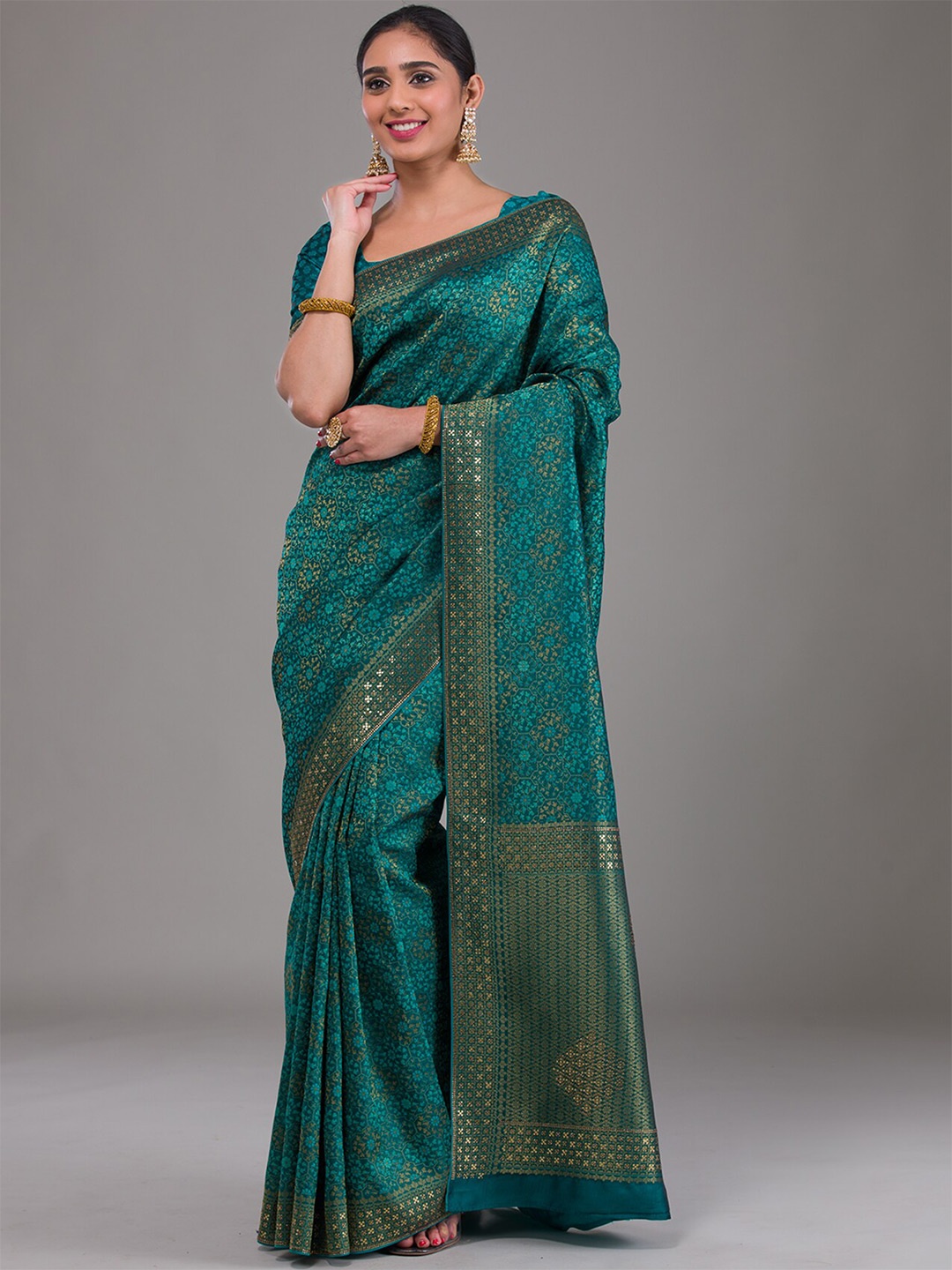 

Koskii Floral Woven Design Brocade Saree, Green