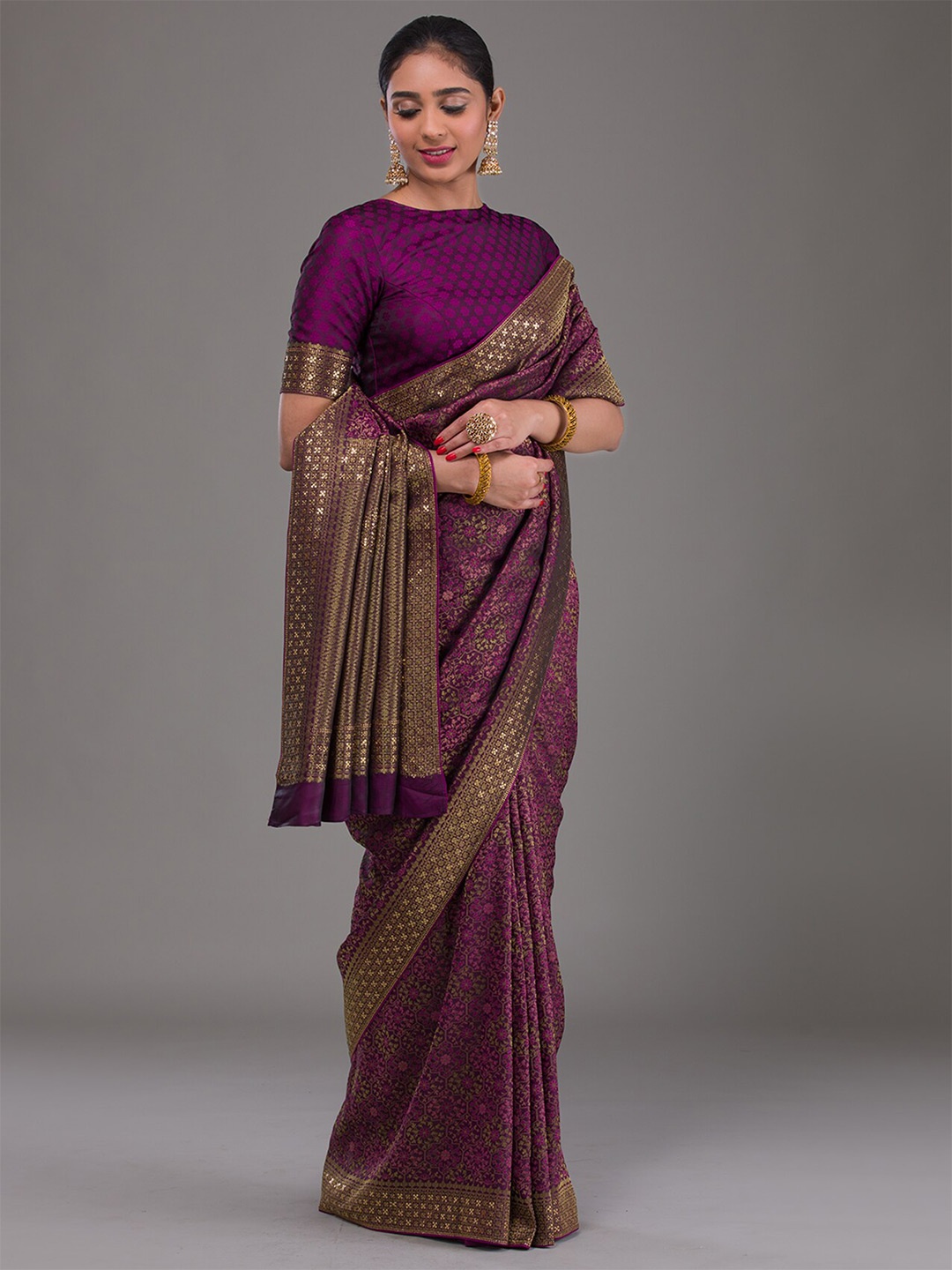 

Koskii Floral Woven Design Brocade Saree, Purple