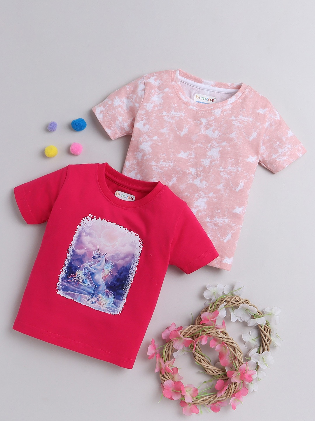 

BUMZEE Girls Pack Of 2 Abstract Printed Cotton T-shirt, Peach