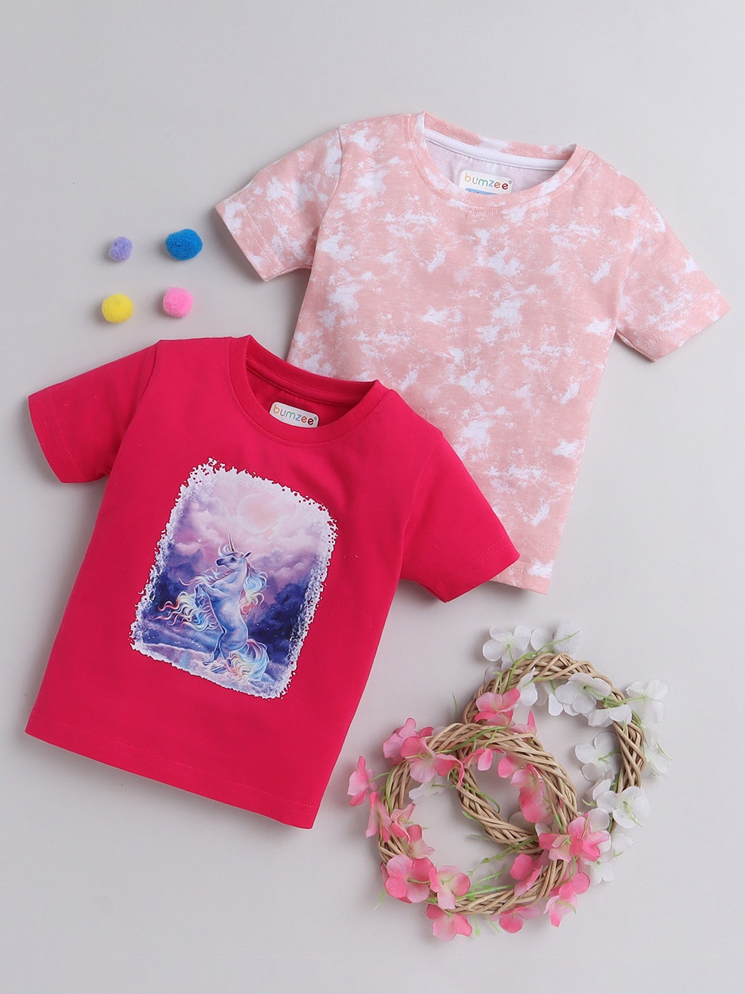 

BUMZEE Infant Girls Pack Of 2 Printed Cotton T-shirt, Peach