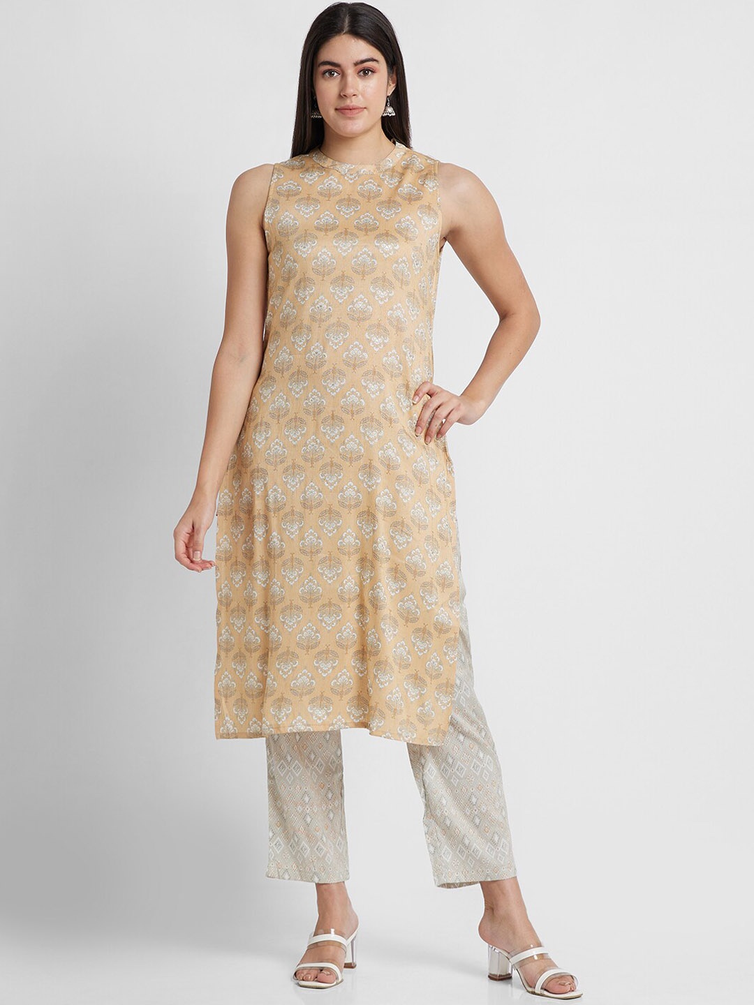 

Globus Floral Printed A-Line Kurta with Trousers, Beige