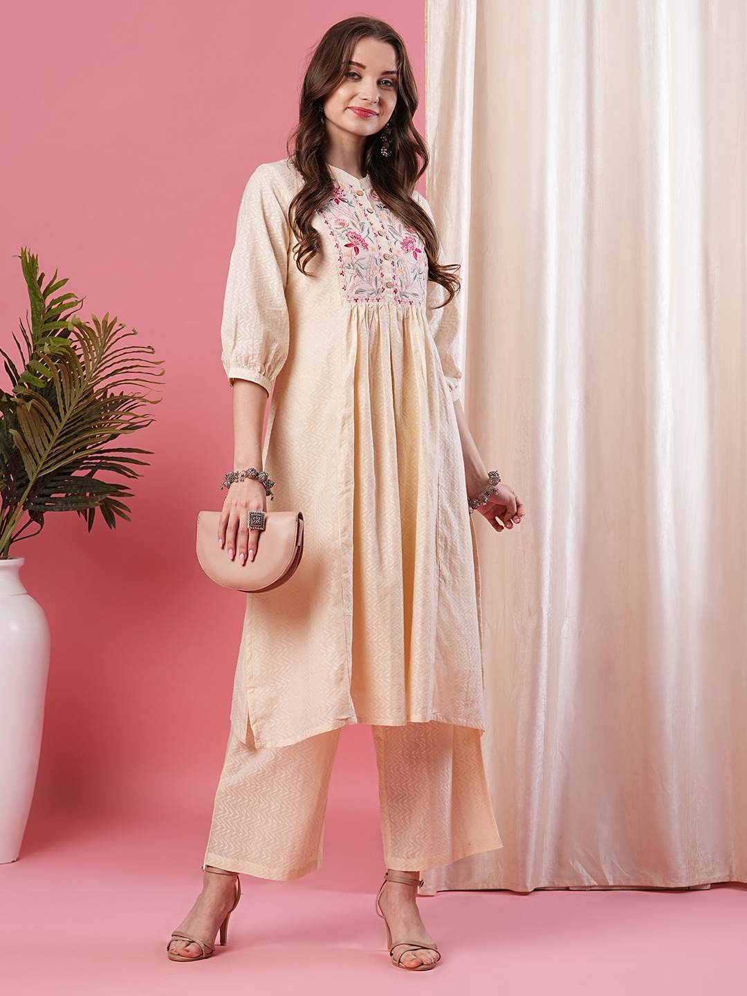 Globus Women Floral Embroidered A-Line Kurta & Palazzos Set, Off white