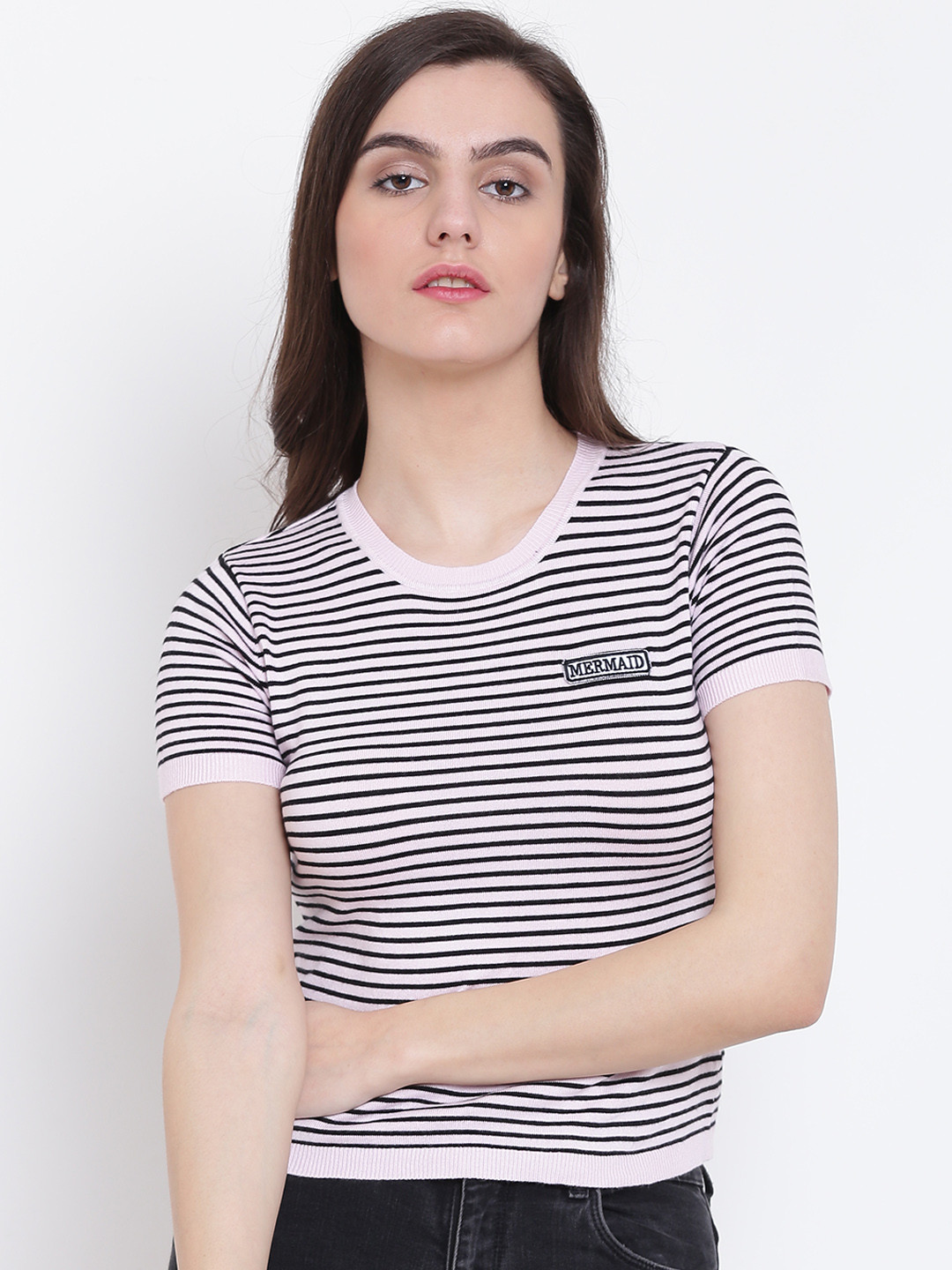 

FOREVER 21 Women Pink & Black Striped Fitted Top