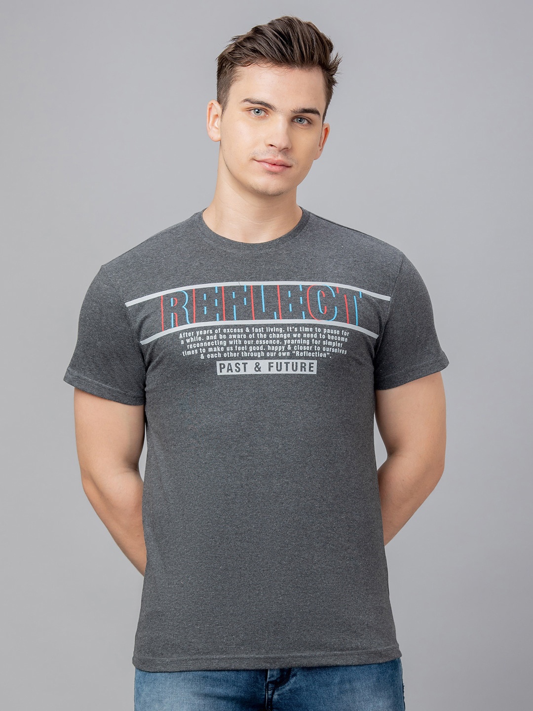 

Globus Round Neck Typography Printed Cotton T-shirt, Grey melange