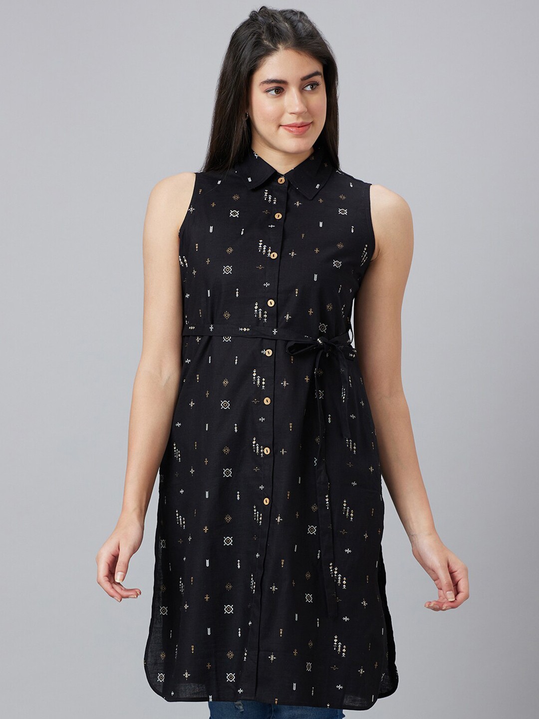 

Globus Shirt Collar Printed Tie-Up Tunic, Black