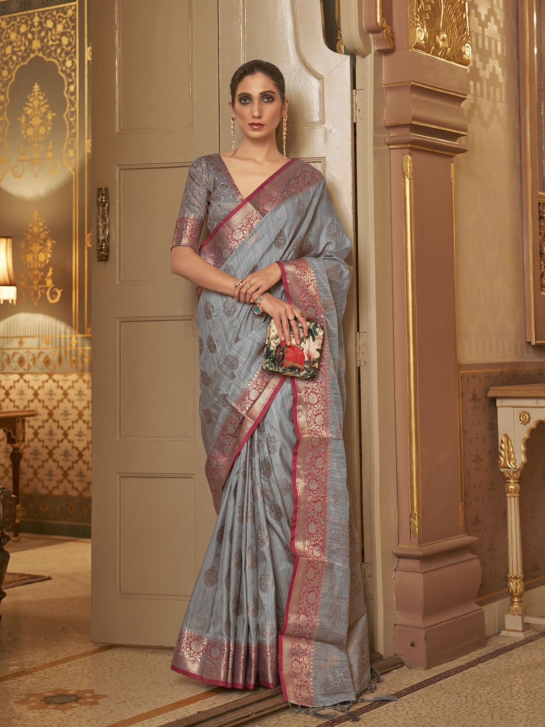 

elora Ethnic Motifs Woven Design Pure Silk Banarasi Saree, Grey