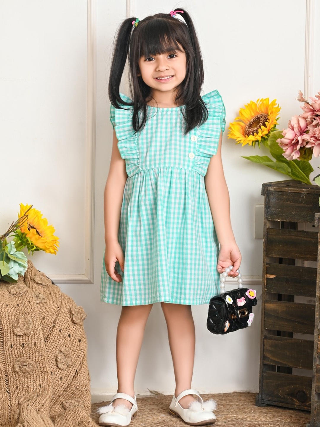 

Beebay Girls Gingham Check Ruffle Dress, Green