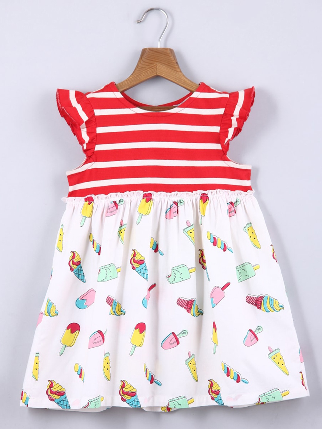 

Beebay Girls Round Neck Stripe & Ice Cream Printed Cotton Dress, Red