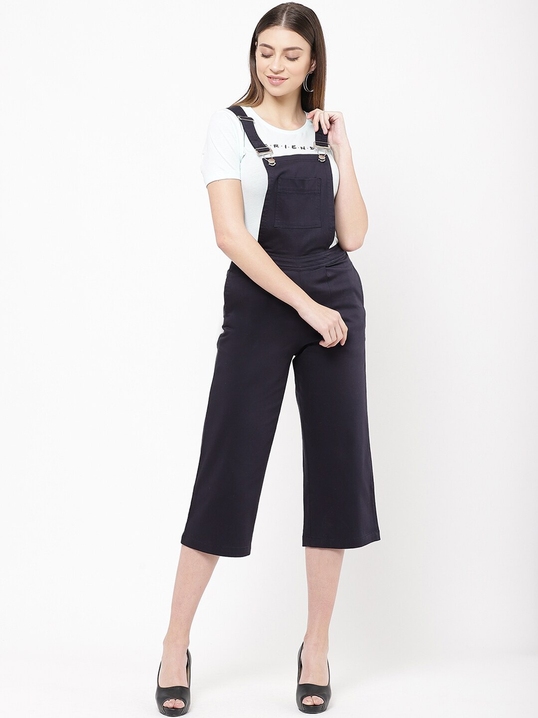 

urSense Women Straight Leg Three Fourth Length Dungaree With T-Shirt Set, Navy blue