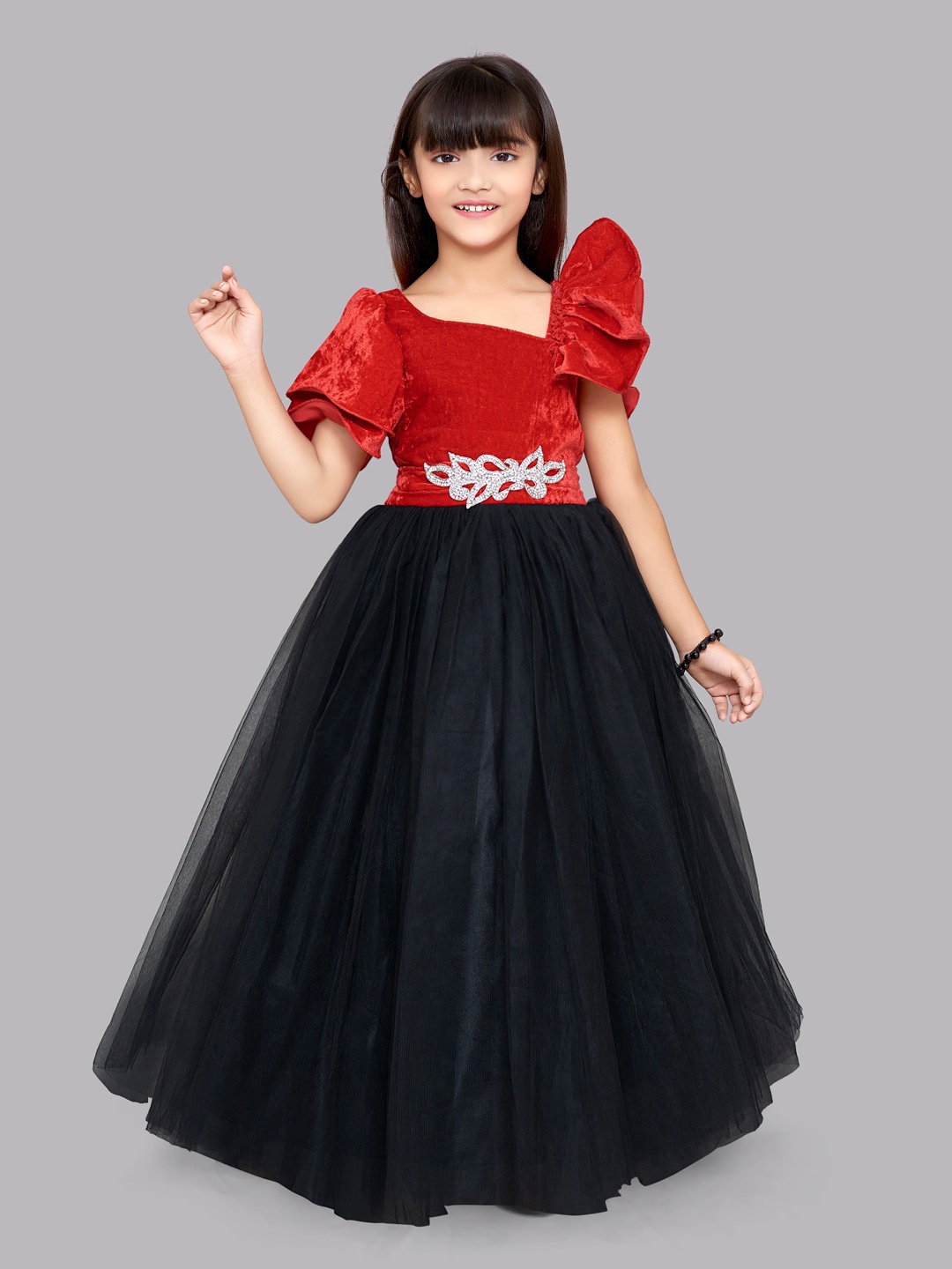 

Pink Chick Colourblocked Applique Velvet Maxi Dress, Red