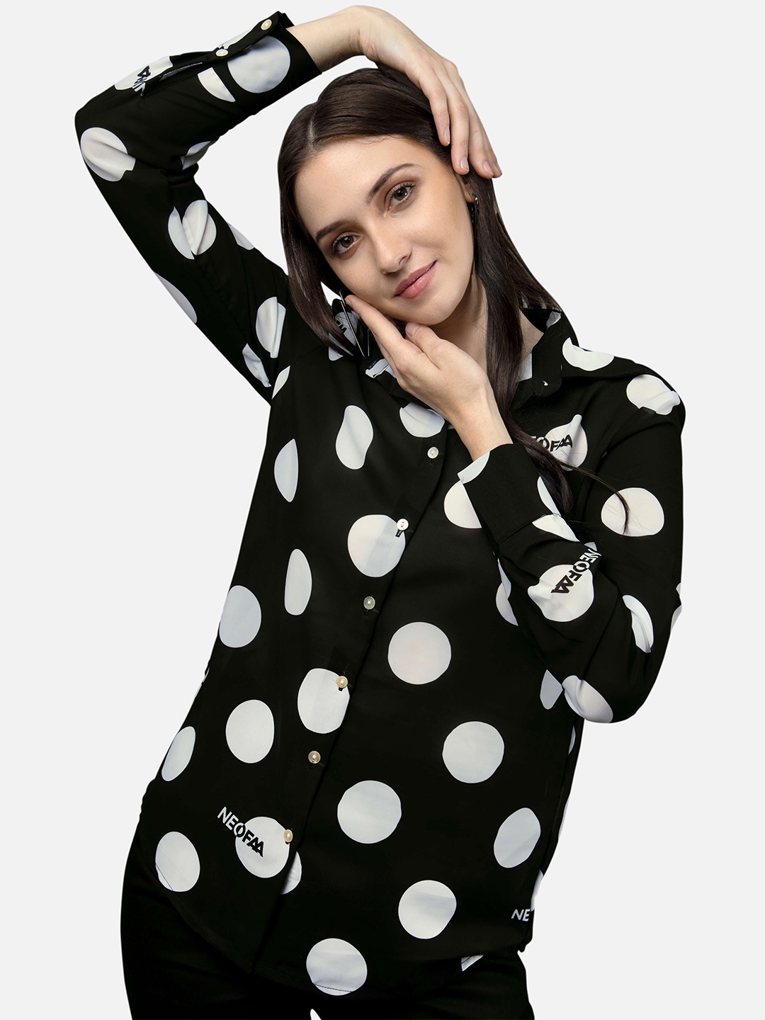 

NEOFAA Women Polka Dots Printed Casual Shirt, Black