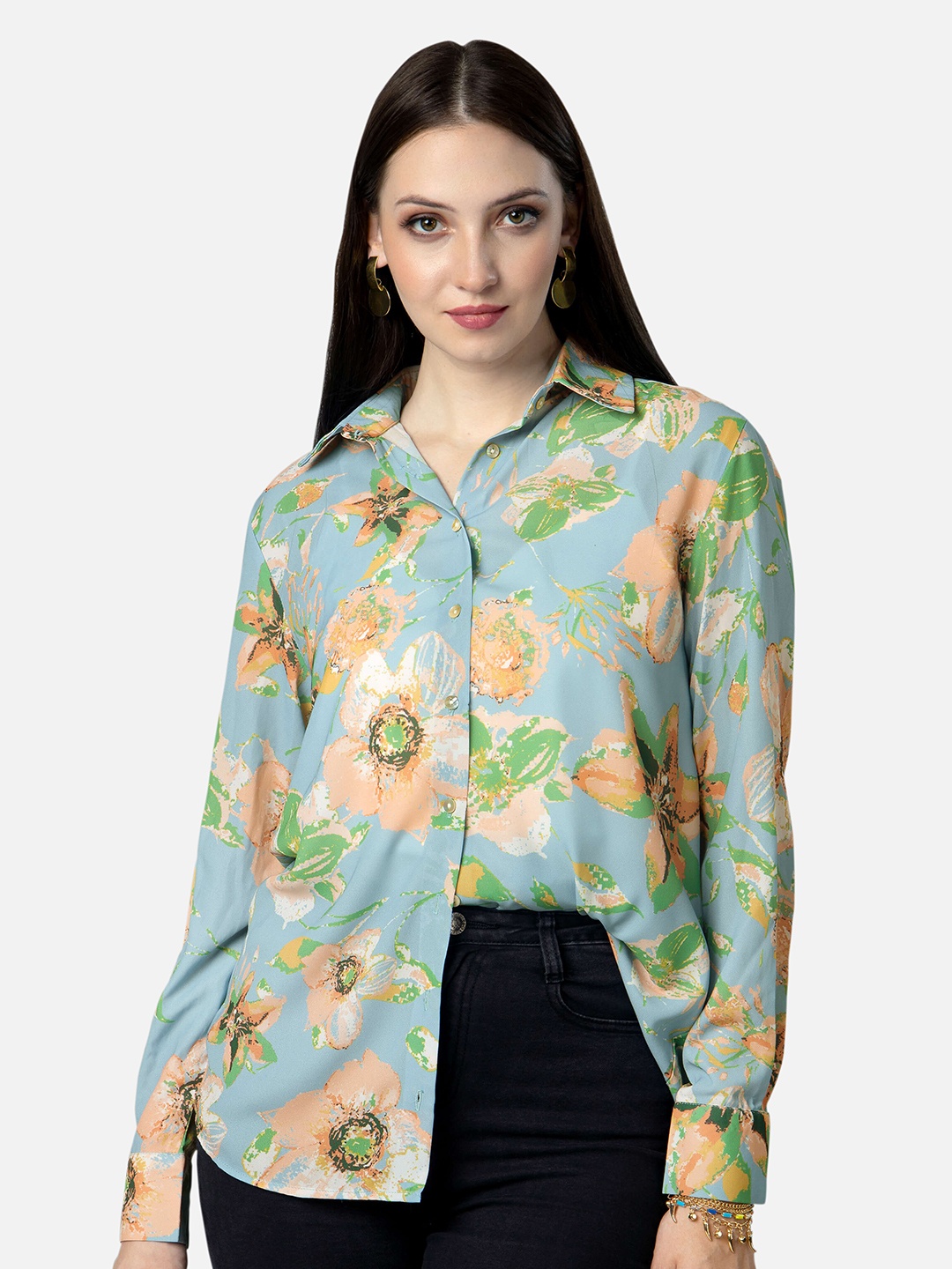 

NEOFAA Women Floral Printed Regular Fit Casual Shirt, Blue