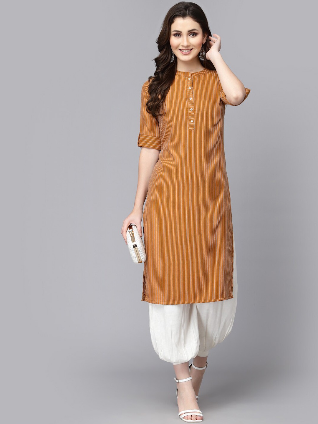 

SKYLEE Striped Band Collar Roll Up Sleeves Cotton Kurta, Brown