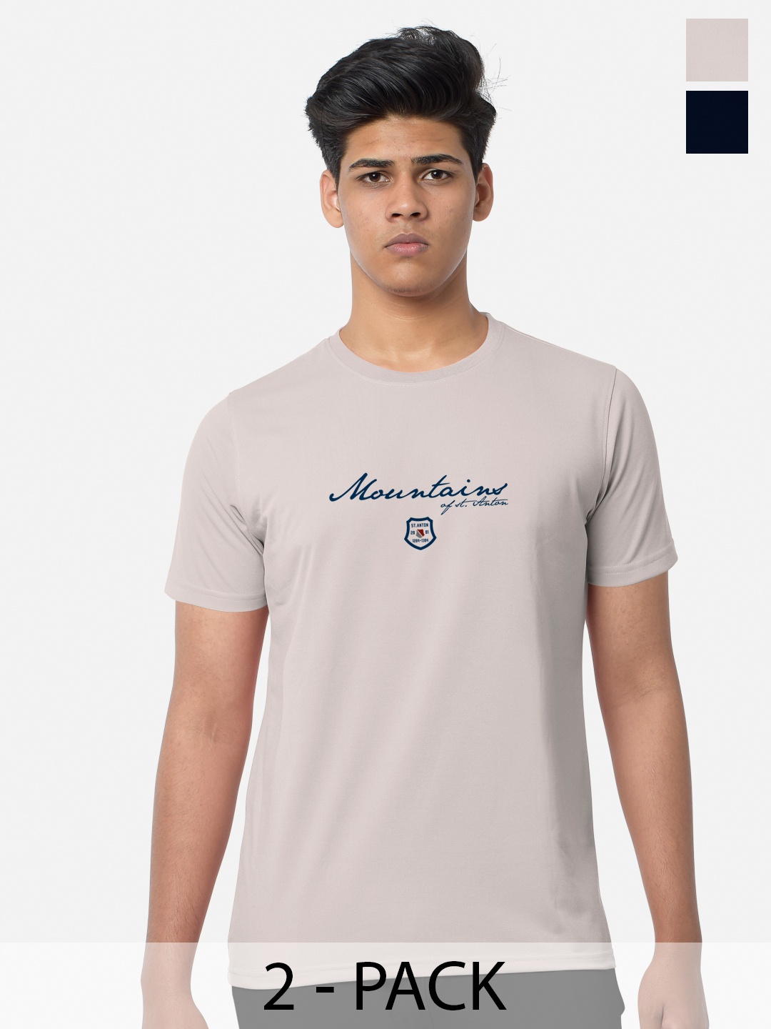

BULLMER Pack Of 2 Typography Printed Cotton Sports T-shirts, Beige