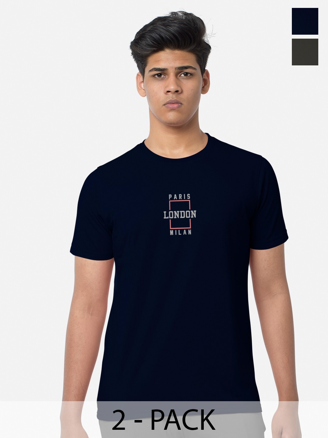 

BULLMER Pack Of 2 Printed Cotton Sports T-shirts, Navy blue