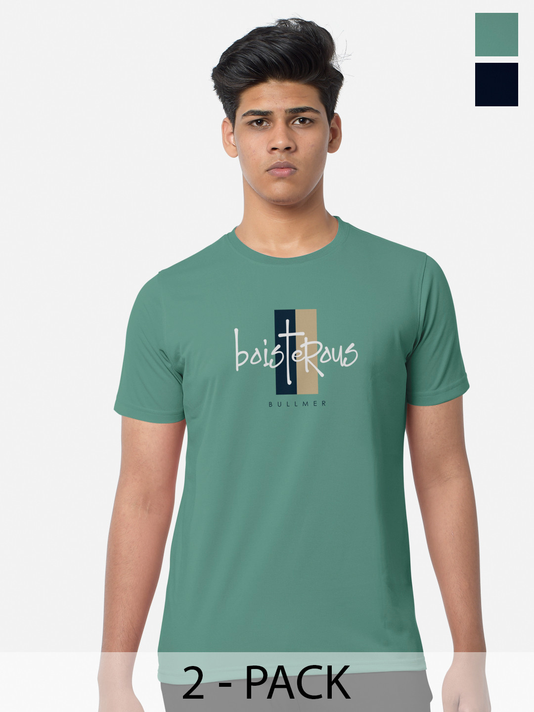 

BULLMER Pack Of 2 Typography Printed Cotton Sports T-shirts, Green