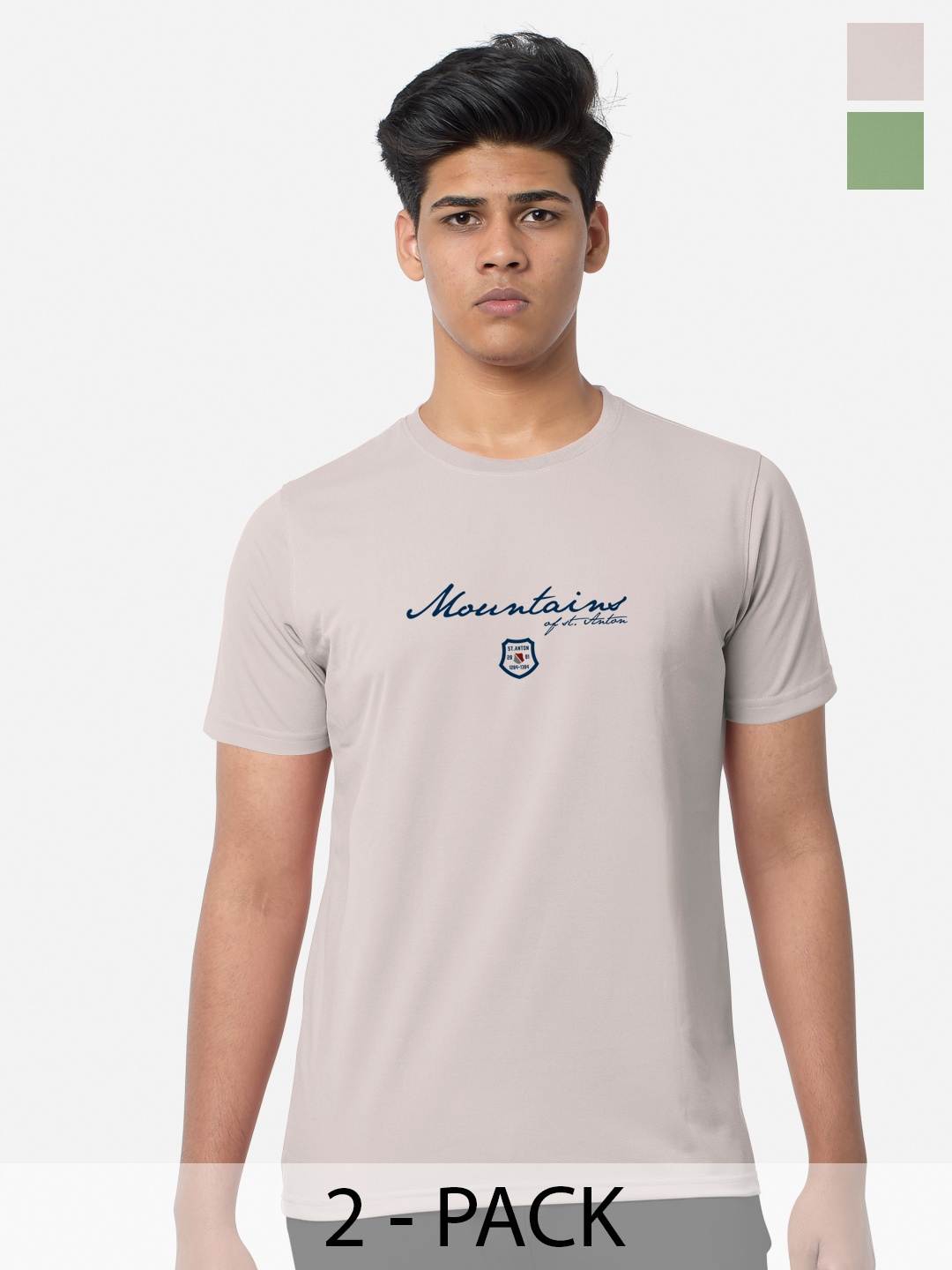 

BULLMER Pack Of 2 Typography Printed Cotton Sports T-shirts, Beige