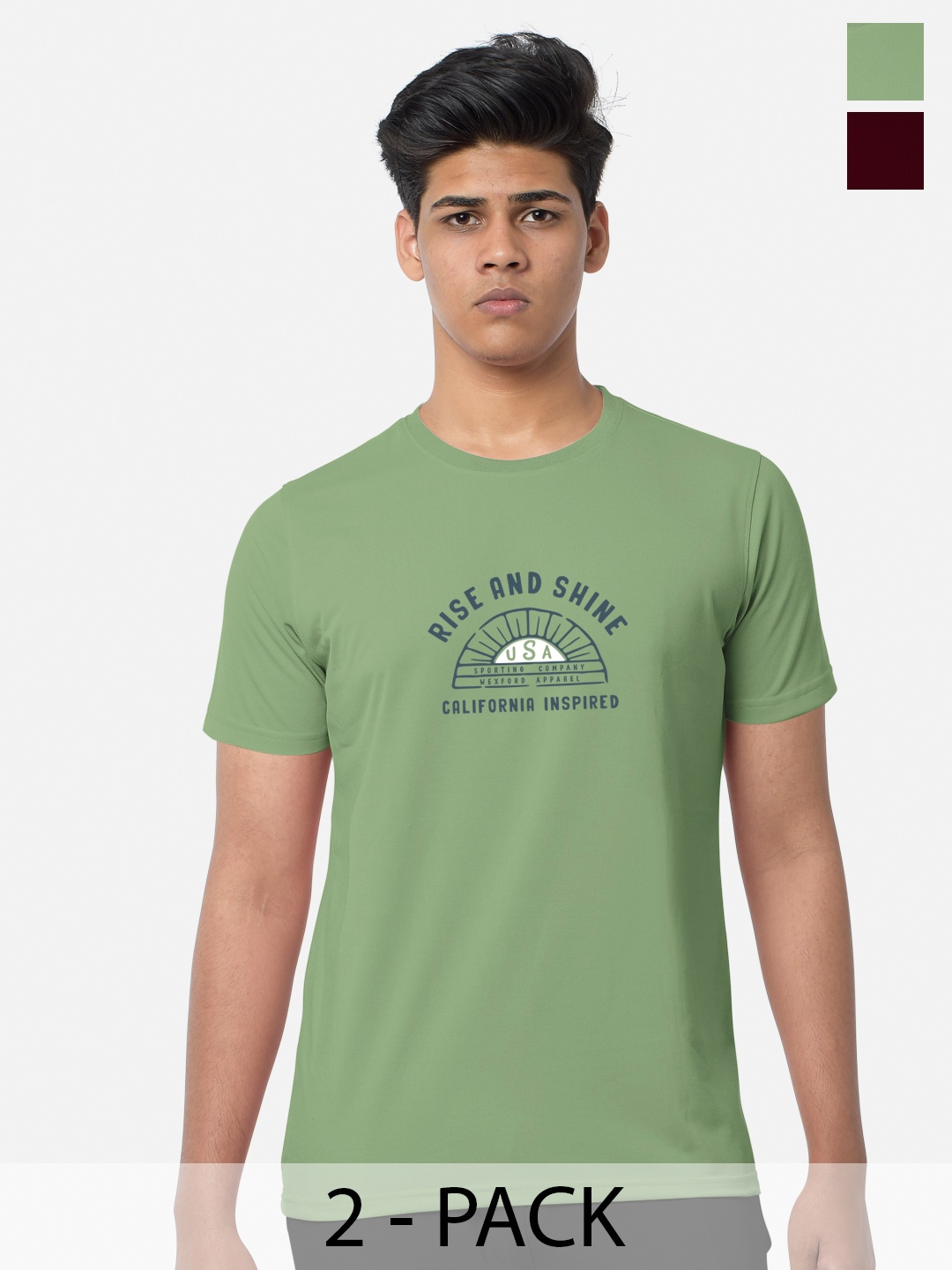 

BULLMER Pack Of 2 Printed Cotton Sports T-shirts, Green