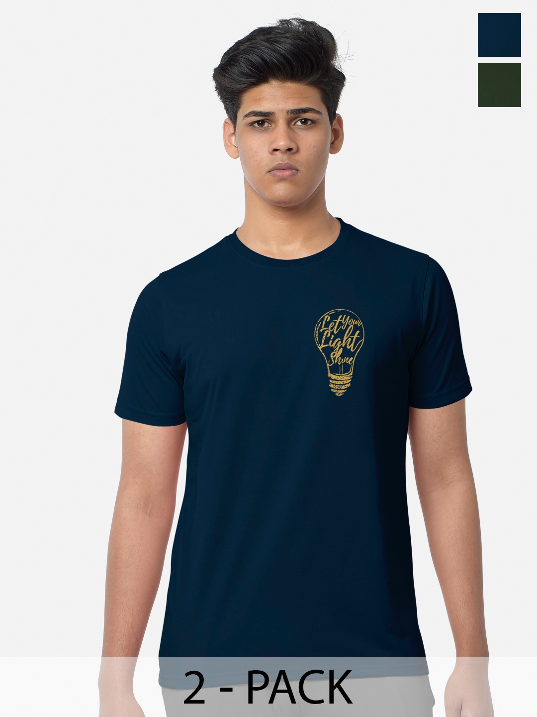 

BULLMER Pack Of 2 Typography Printed Cotton Sports T-shirts, Navy blue