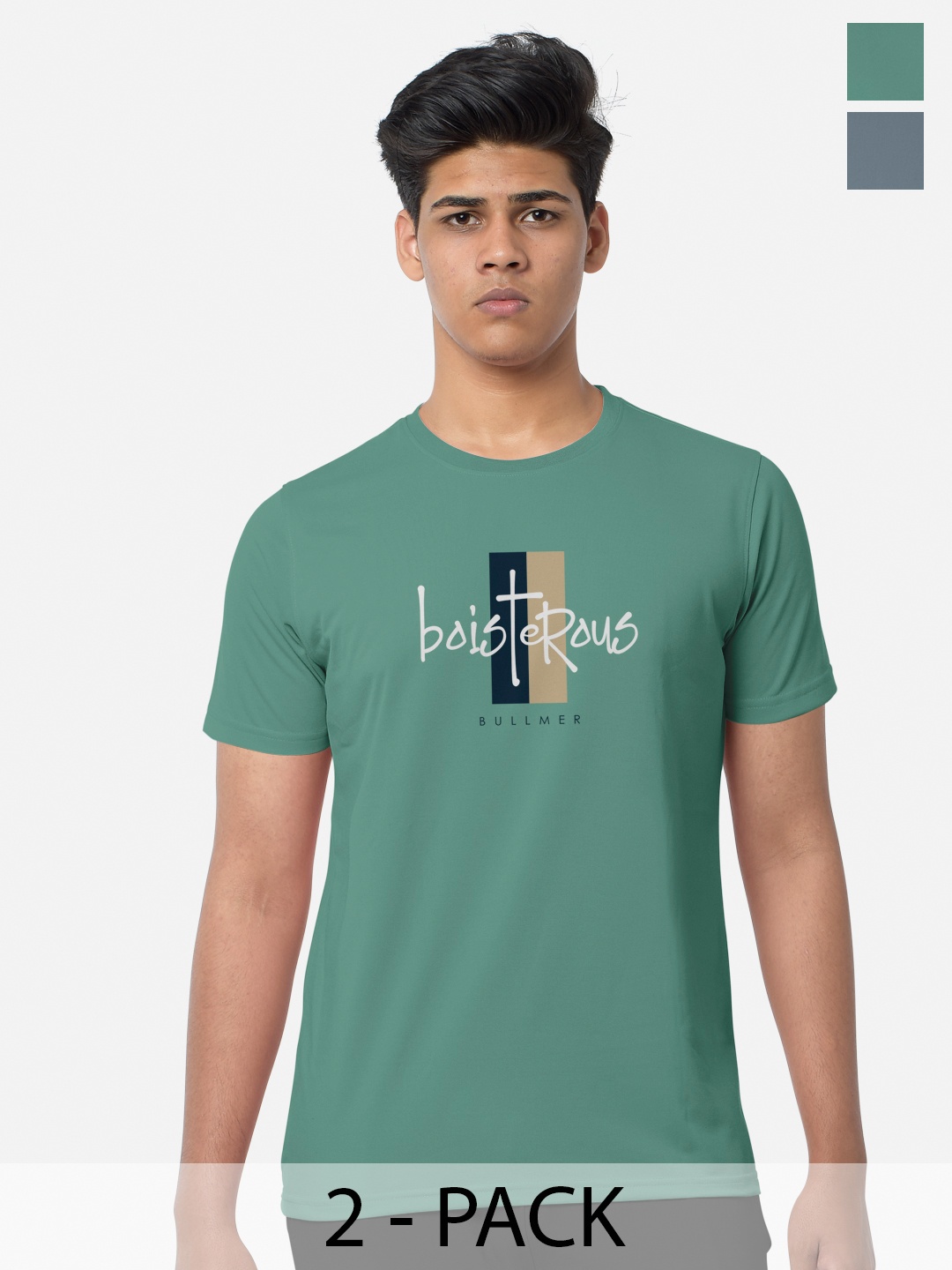 

BULLMER Pack Of 2 Printed Cotton Sports T-shirts, Sea green
