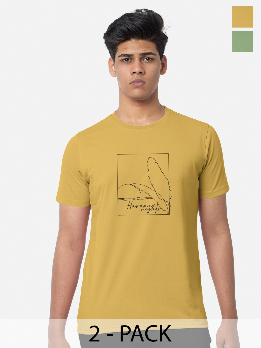 

BULLMER Pack Of 2 Typography Printed Cotton Sports T-shirts, Mustard
